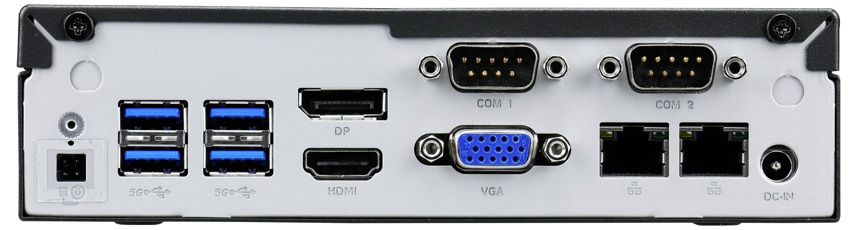 Das Bild zeigt die Rückseite eines Computers mit verschiedenen Anschlüssen: vier USB-Anschlüsse, DP, HDMI, VGA, zwei serielle Anschlüsse und zwei Netzwerkports.