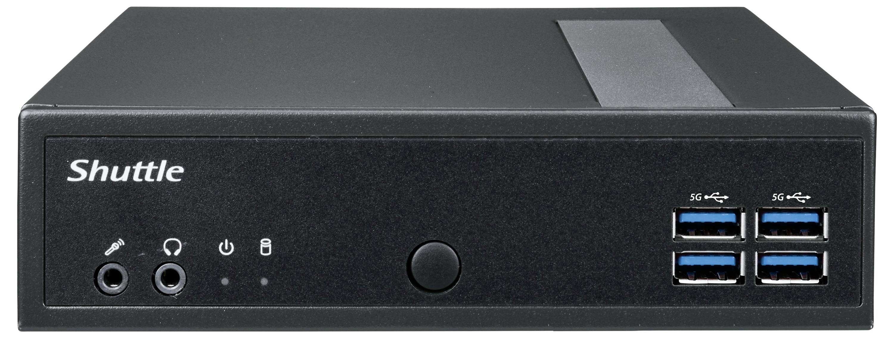 Ein schwarzer Shuttle Mini-PC mit vorderen Anschlüssen einschließlich USB 3.0, Audio-Buchsen und Power-Button.