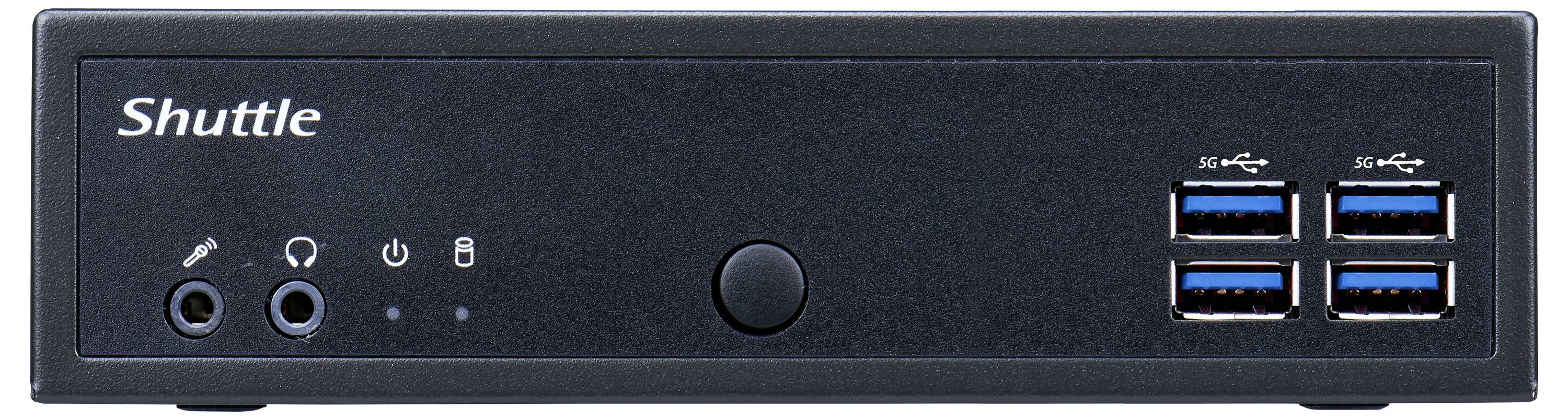 Ein kompaktes schwarzes Shuttle-Computer-Frontpanel mit mehreren USB-Anschlüssen, Audio-Buchsen und einem Stromschalter.