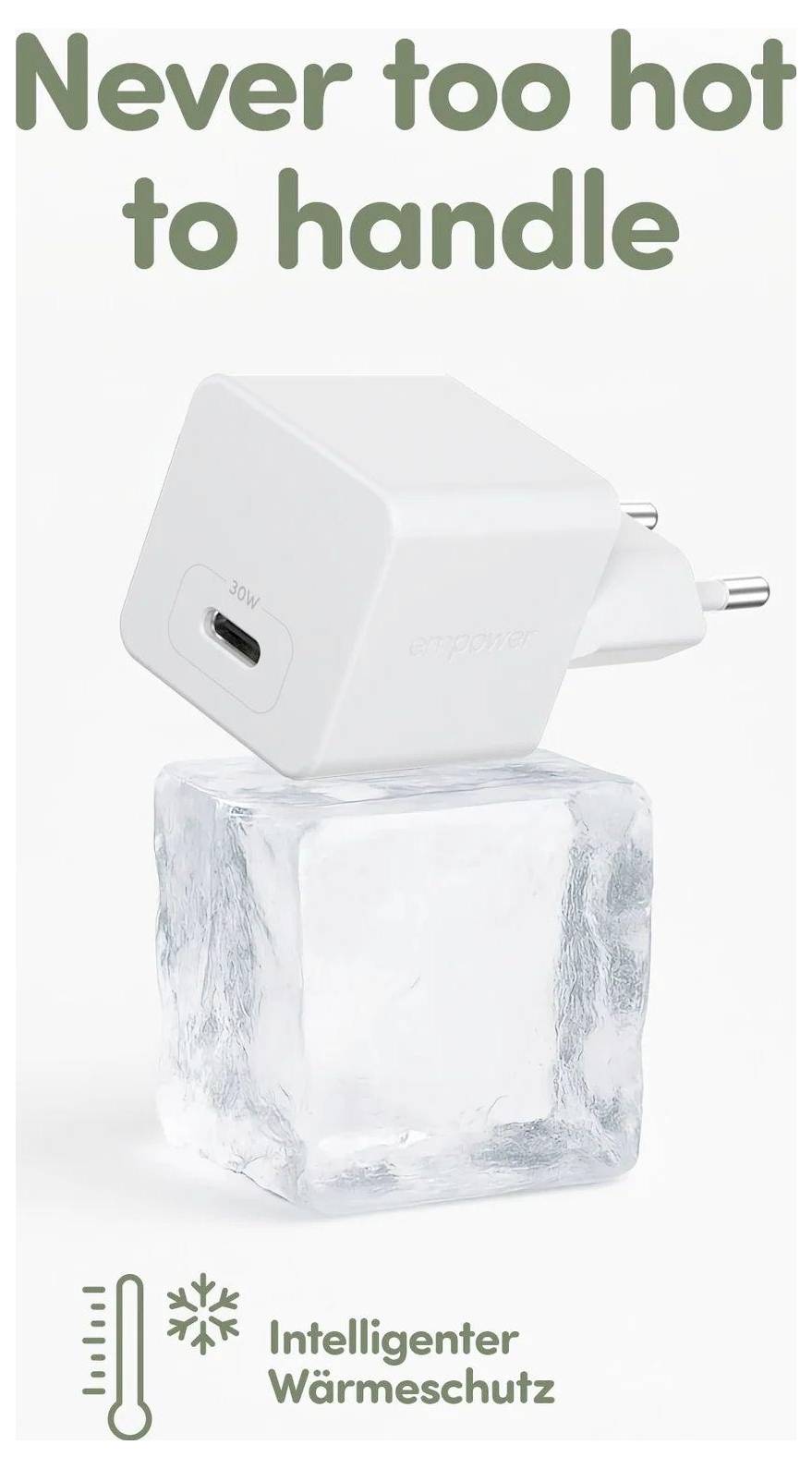 Ein weißer Lader ruht auf einem Eiswürfel mit dem Text 