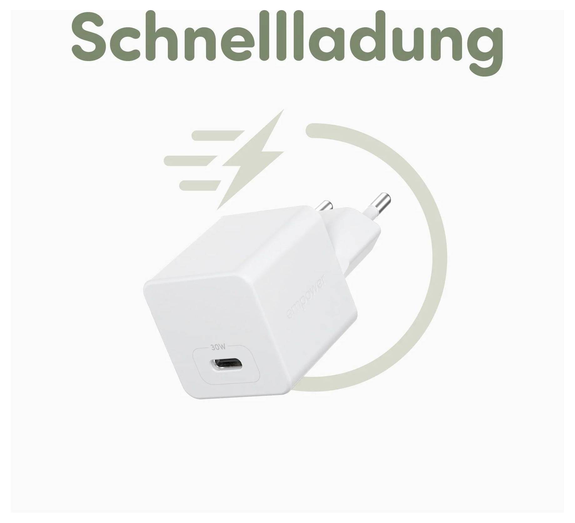 Ein weißes USB-C-Wandladegerät mit dem Text Schnellladung und einem Blitzsymbol, das die Schnellladefähigkeit anzeigt.