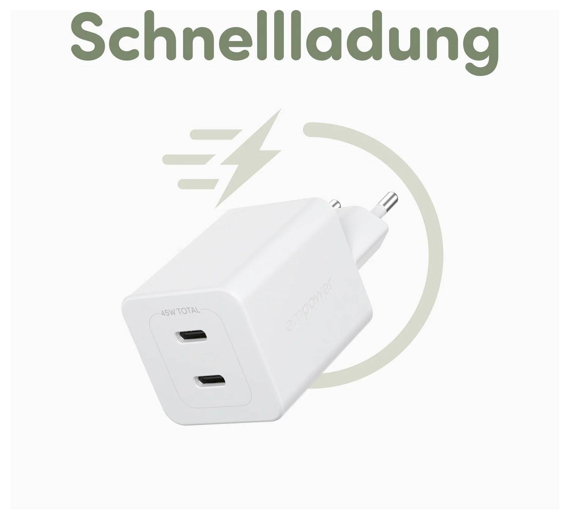 Ein weißes Dual-Port-USB-Ladegerät mit europäischem Stecker, gekennzeichnet mit „Schnellladung