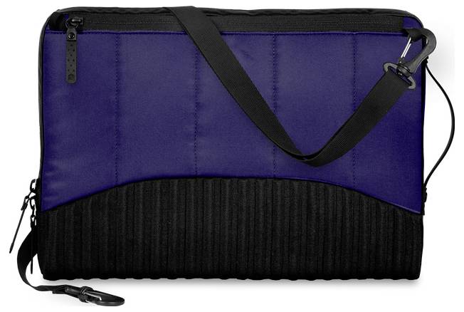 Eine violette und schwarze Laptop-Tasche mit Schultergurt und mehreren Reißverschlüssen, entwickelt für Tragbarkeit und den Schutz elektronischer Geräte.