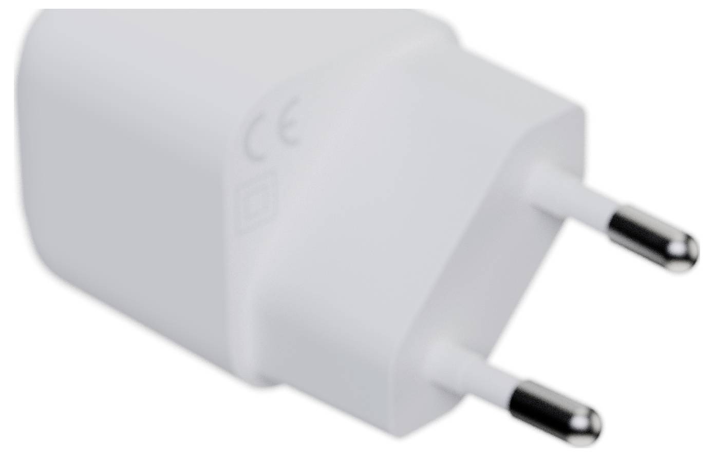 Ein weißer zweipoliger Elektrosteckeradapter, von der Seite betrachtet, mit kompaktem Design ohne sichtbare Markenzeichen oder Beschriftungen.