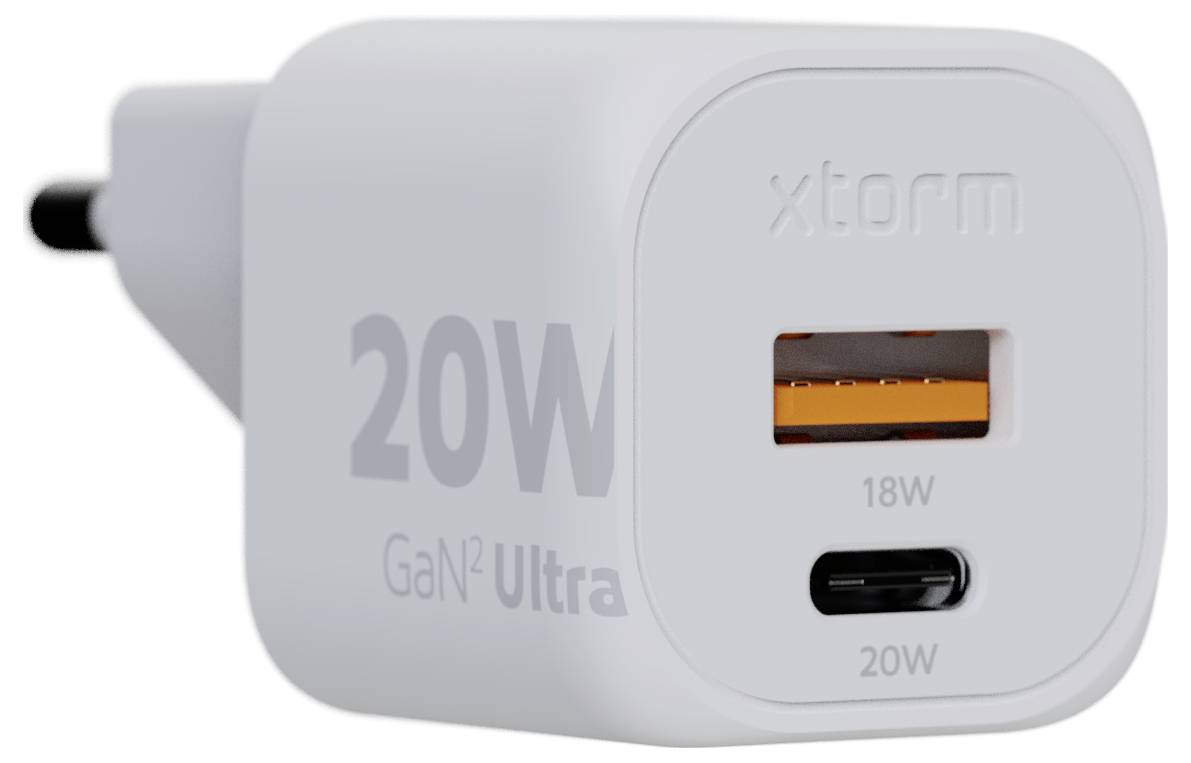 Ein weißes 20-W-Wandladegerät mit zwei Anschlüssen: einen 18-W-USB-A und einen 20-W-USB-C. Die Marke „xtorm