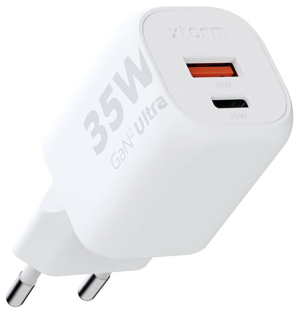Ein weißer 100W GaN Ultra Wandladegerät mit zwei USB-C-Anschlüssen und einem USB-A-Anschluss, konzipiert für schnelles Laden mehrerer Geräte gleichzeitig.