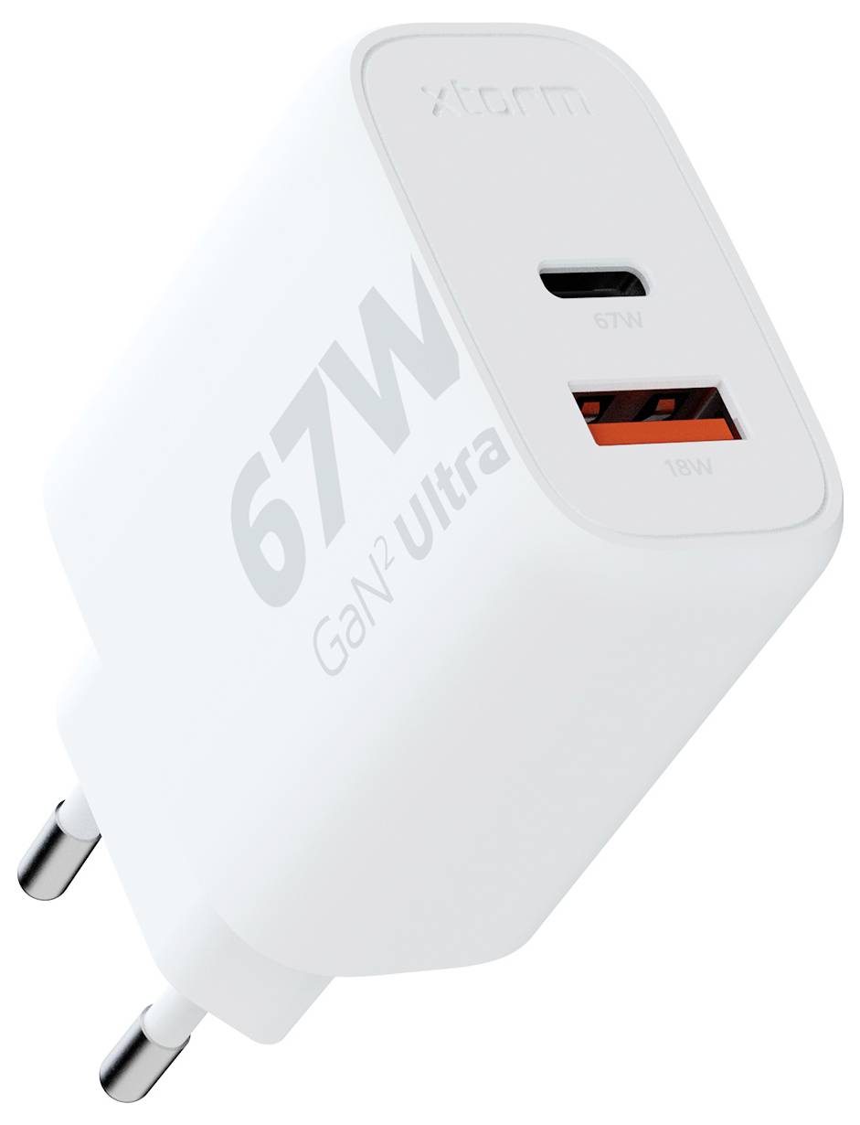 Ein weißes 67W GaN Ultra USB-C und USB-A Ladegerät mit zwei Anschlüssen.