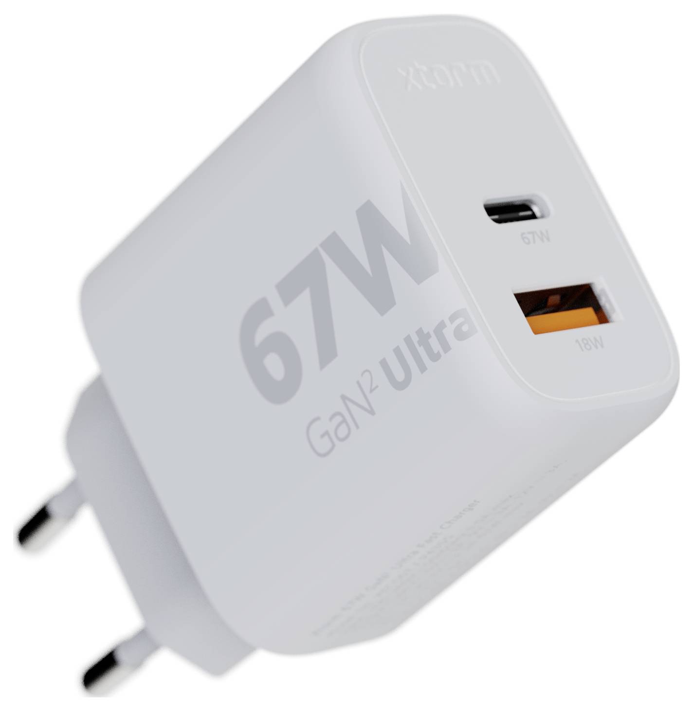 Ein weißes 67W GaN2 Ultra-Ladegerät mit USB-C- und USB-A-Anschlüssen, das seine fortschrittlichen Ladefunktionen und sein kompaktes Design hervorhebt.