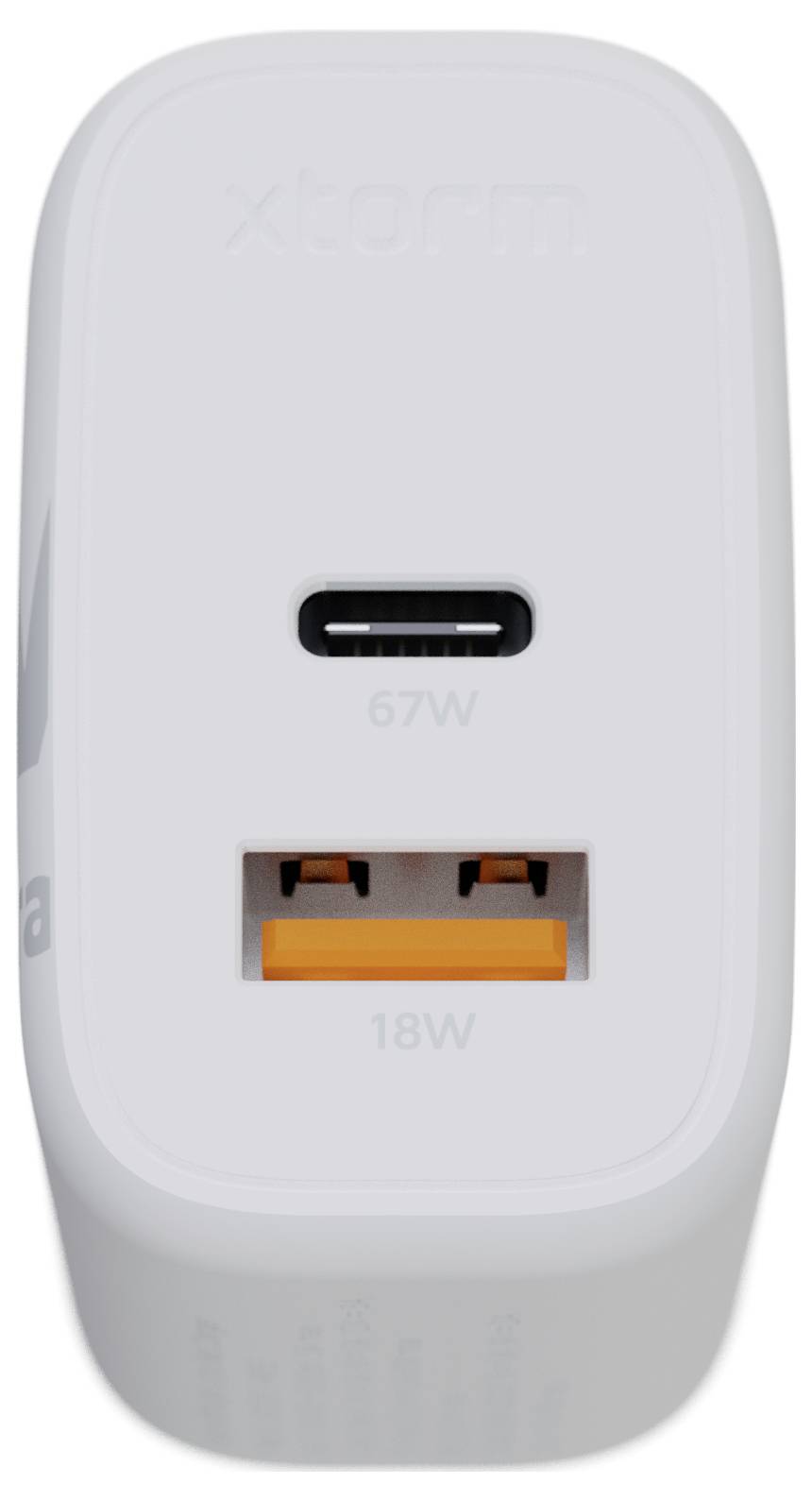 Ein weißer Ladapter mit zwei Anschlüssen: ein USB-C mit der Bezeichnung 