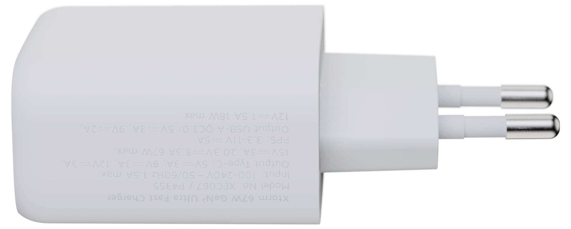 Ein weißes USB-Wandladegerät mit zwei Stiften, das zum Anschließen eines USB-Kabels zum Aufladen elektronischer Geräte verwendet wird.