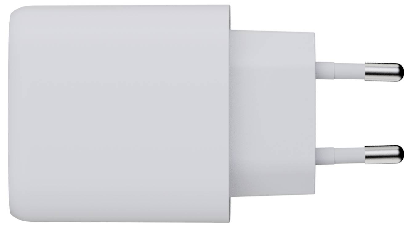 Ein weißer zweipoliger Elektrosteckeradapter, der häufig zum Aufladen von elektronischen Geräten verwendet wird, vor einem neutralen Hintergrund dargestellt.