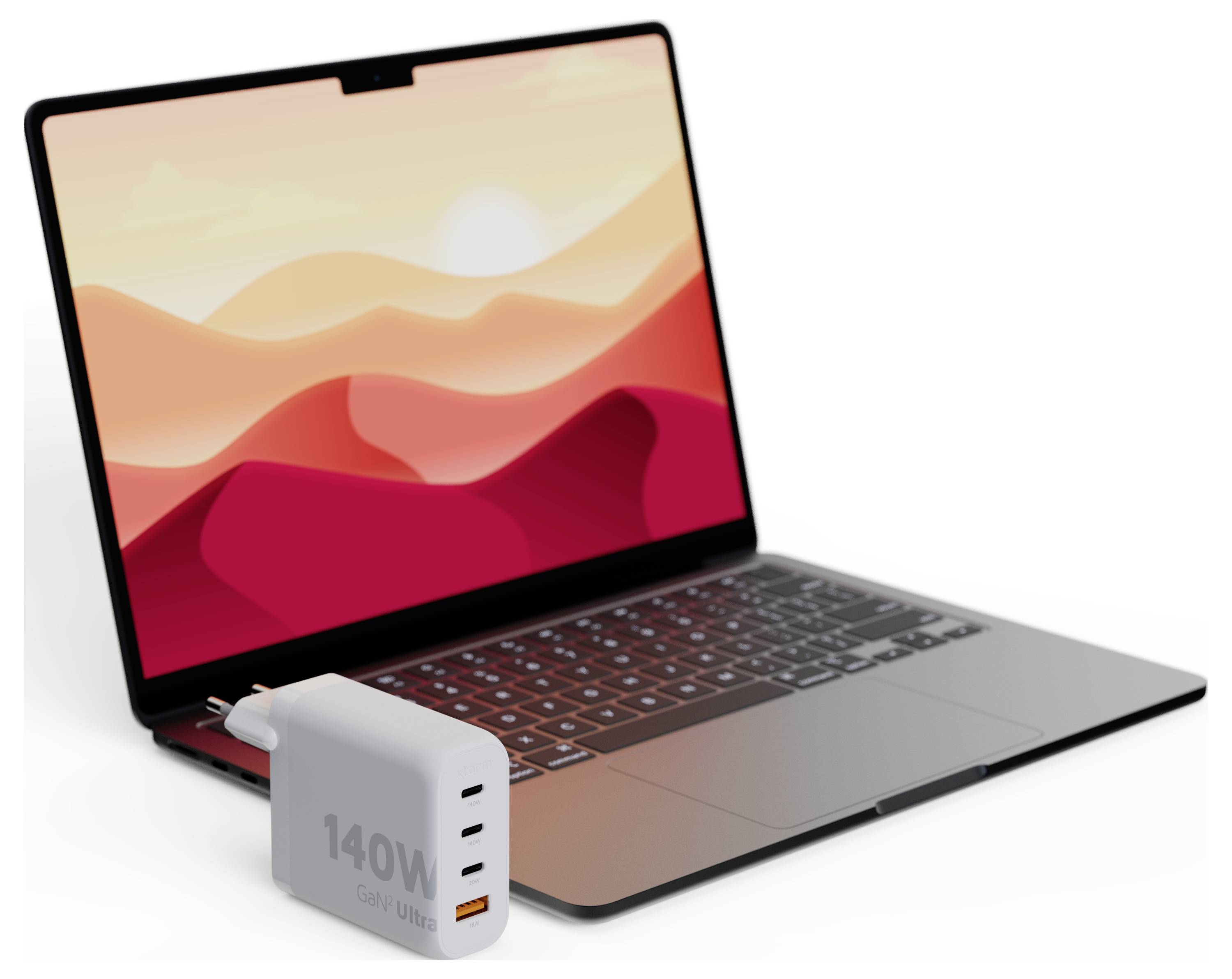 Ein weißes Steckerladegerät mit der Aufschrift '35W GaN Ultra', das auf der Oberseite einen orangefarbenen USB-A-Anschluss (18W) und einen USB-C-Anschluss (35W) aufweist.