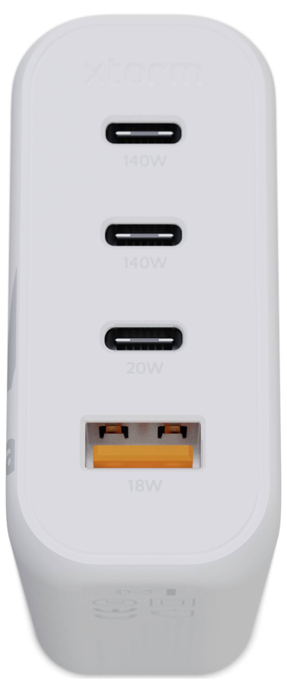 Ein weißes USB-Multiport-Ladegerät mit zwei USB-C-Anschlüssen mit der Bezeichnung „140W