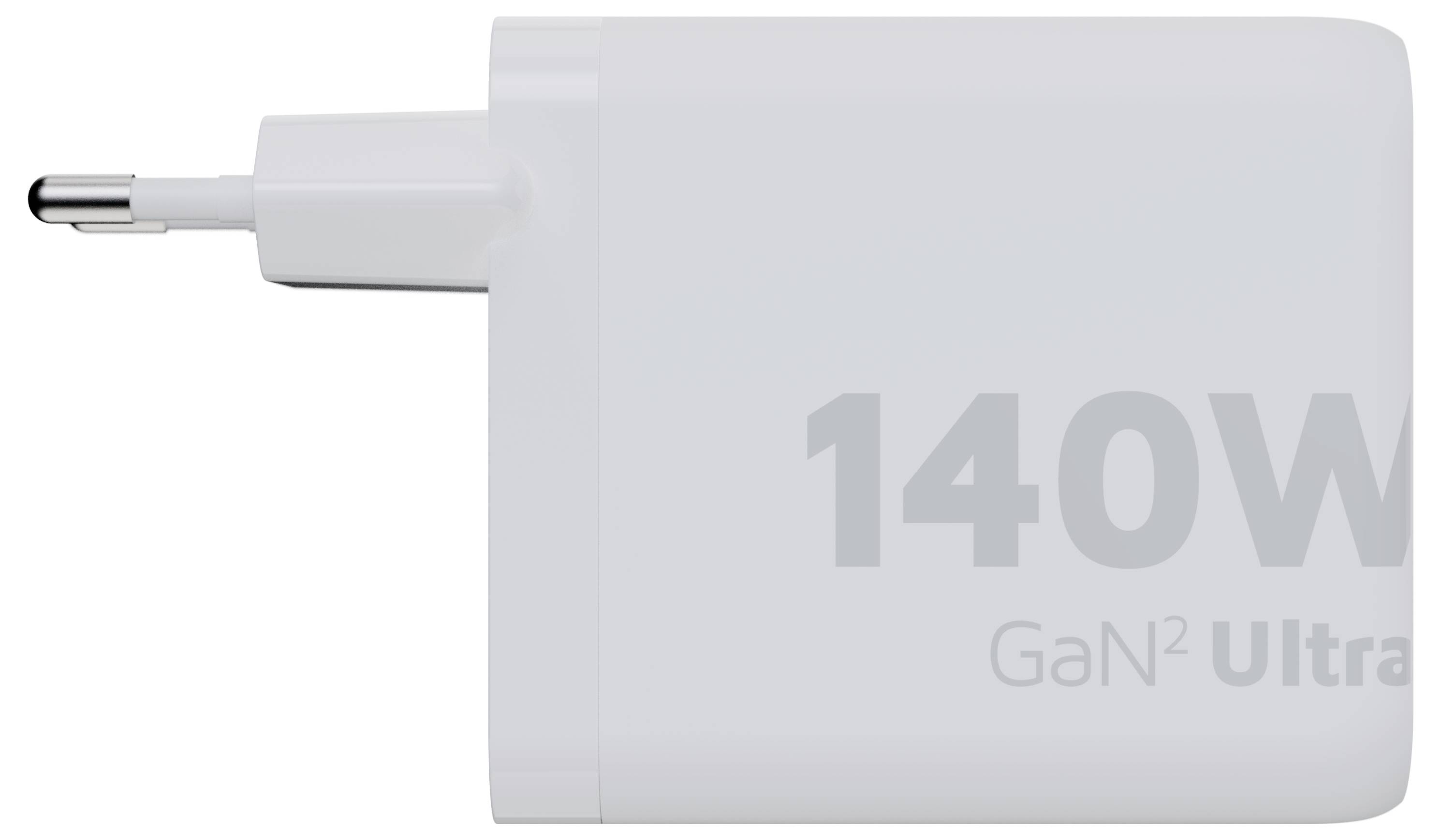 Weißer 140-W-Stromadapter mit Stecker auf der linken Seite und „GaN² Ultra