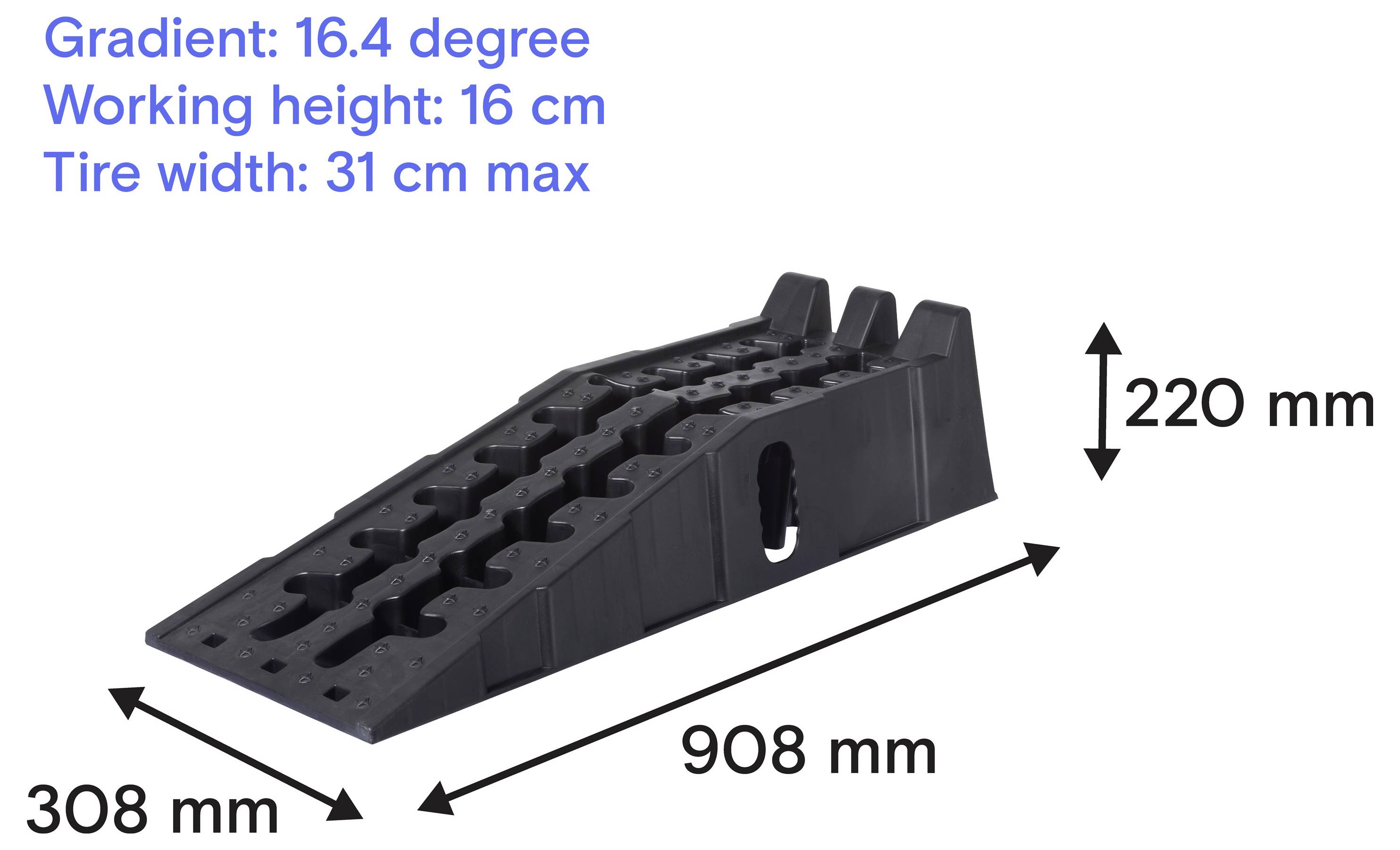 Schwarze Gummi-Fahrzeugrampe in Seitenansicht mit beschrifteten Abmessungen: 908 mm lang, 308 mm breit, 220 mm hoch; Hinweise: Neigung 16,4 Grad, Arbeitshöhe 16 cm, maximale Reifenbreite 31 cm.