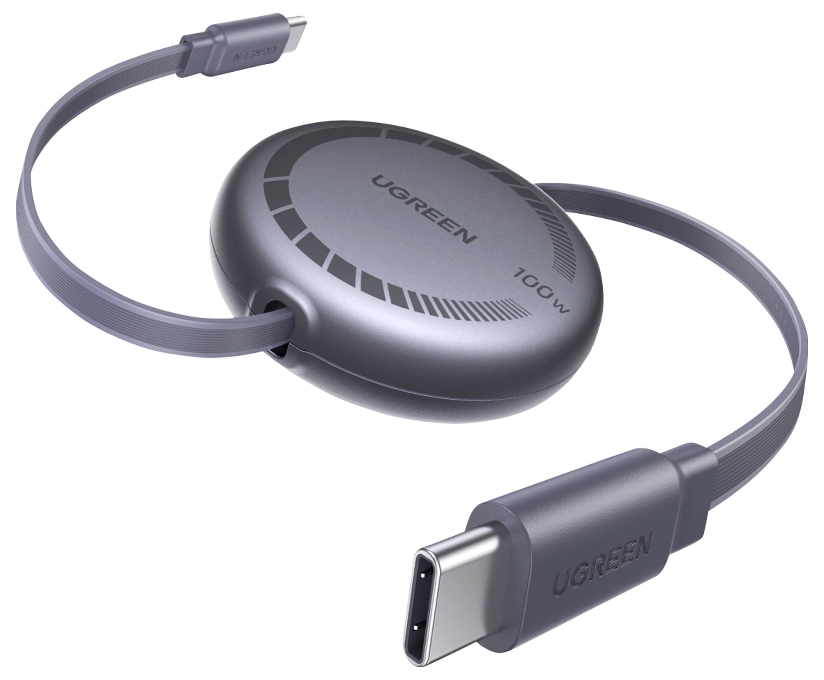 UGREEN 100W USB-C Magnetladekabel, das um eine runde ausziehbare Spule gewickelt ist, mit USB-C-Steckern an beiden Enden.