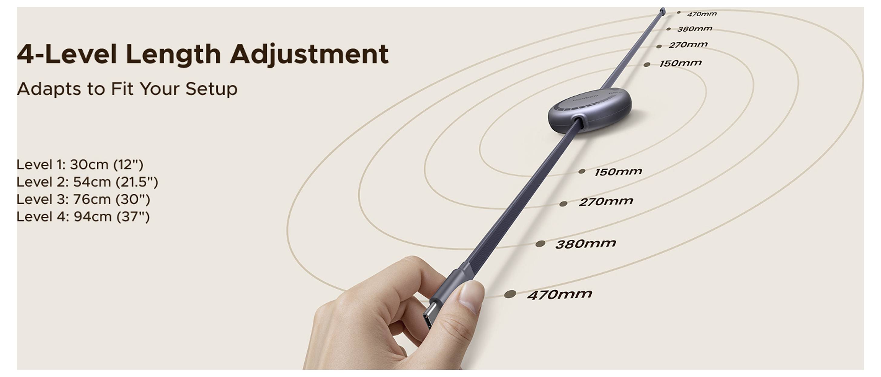Infografik eines Lockenstabs mit '4-stufiger Längenjustierung' für verschiedene Setups: Stufe 1 30cm, Stufe 2 54cm, Stufe 3 76cm, Stufe 4 94cm.