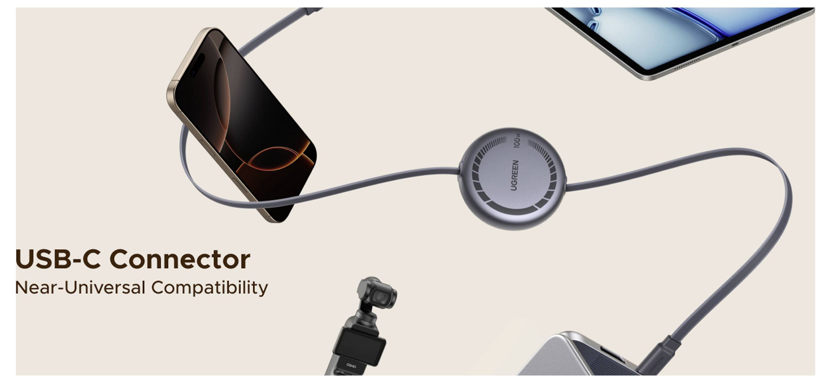 Werbegrafik eines USB-C-Anschlusses, die ein Kabel mit nahezu universeller Kompatibilität über Telefone und Geräte hinweg zeigt.