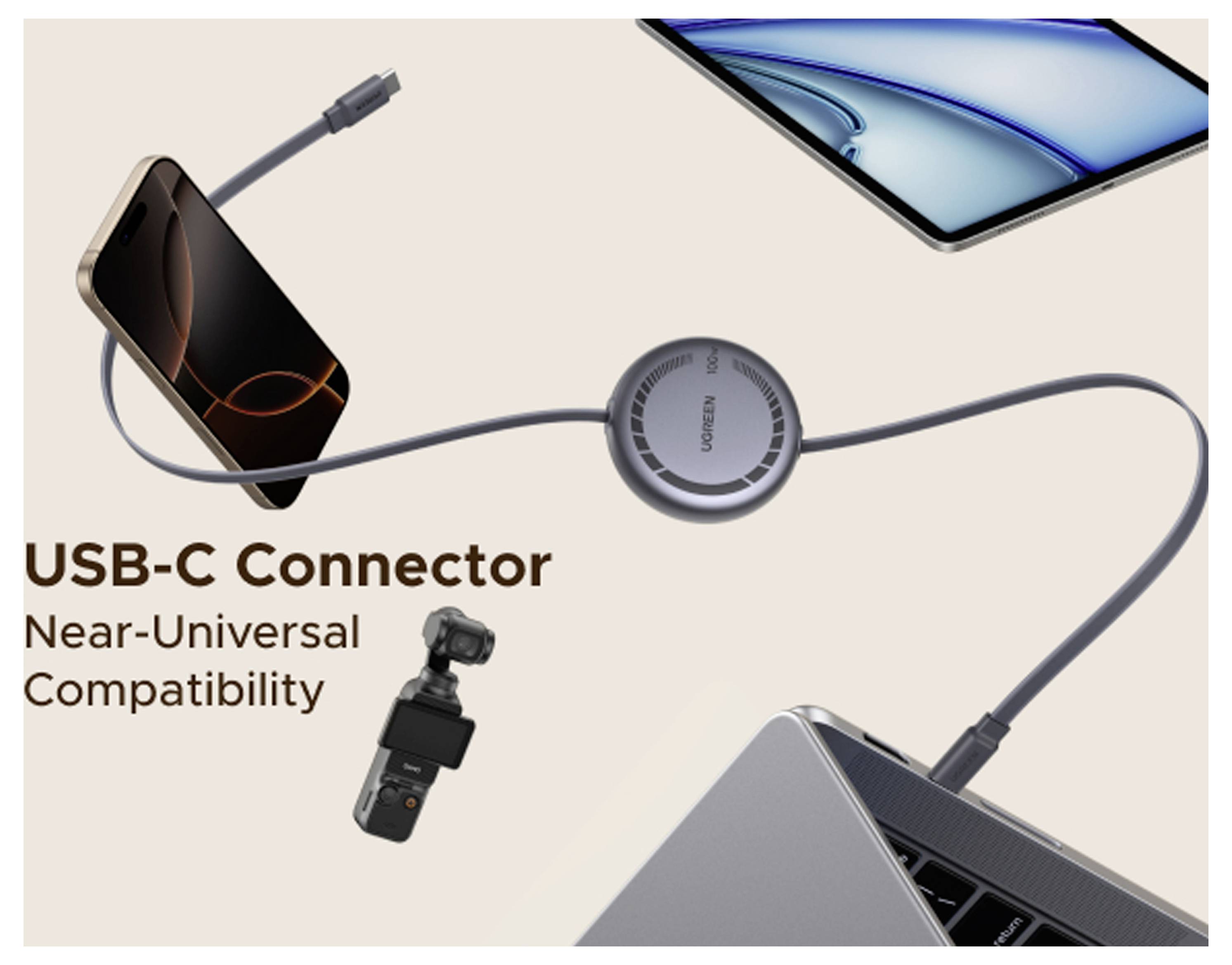 Abbildung eines USB-C-Kabels, das ein Telefon und einen Laptop verbindet, beschriftet mit „USB-C-Stecker