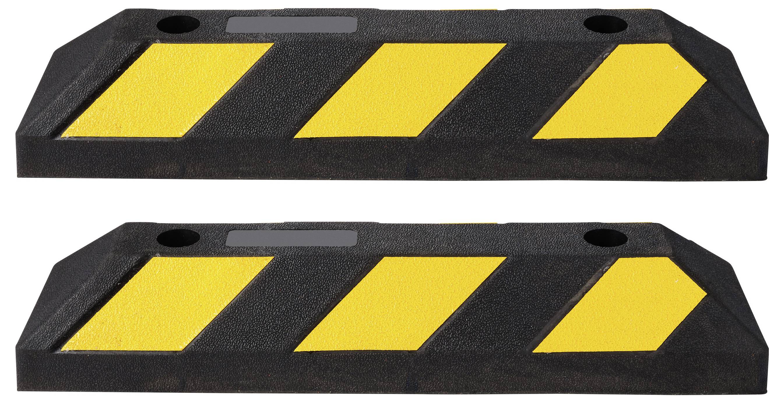 Zwei schwarz-gelbe Gummi-Parkplatzbegrenzungen mit diagonalen Reflektorstreifen, übereinander gestapelt auf weißem Hintergrund dargestellt.