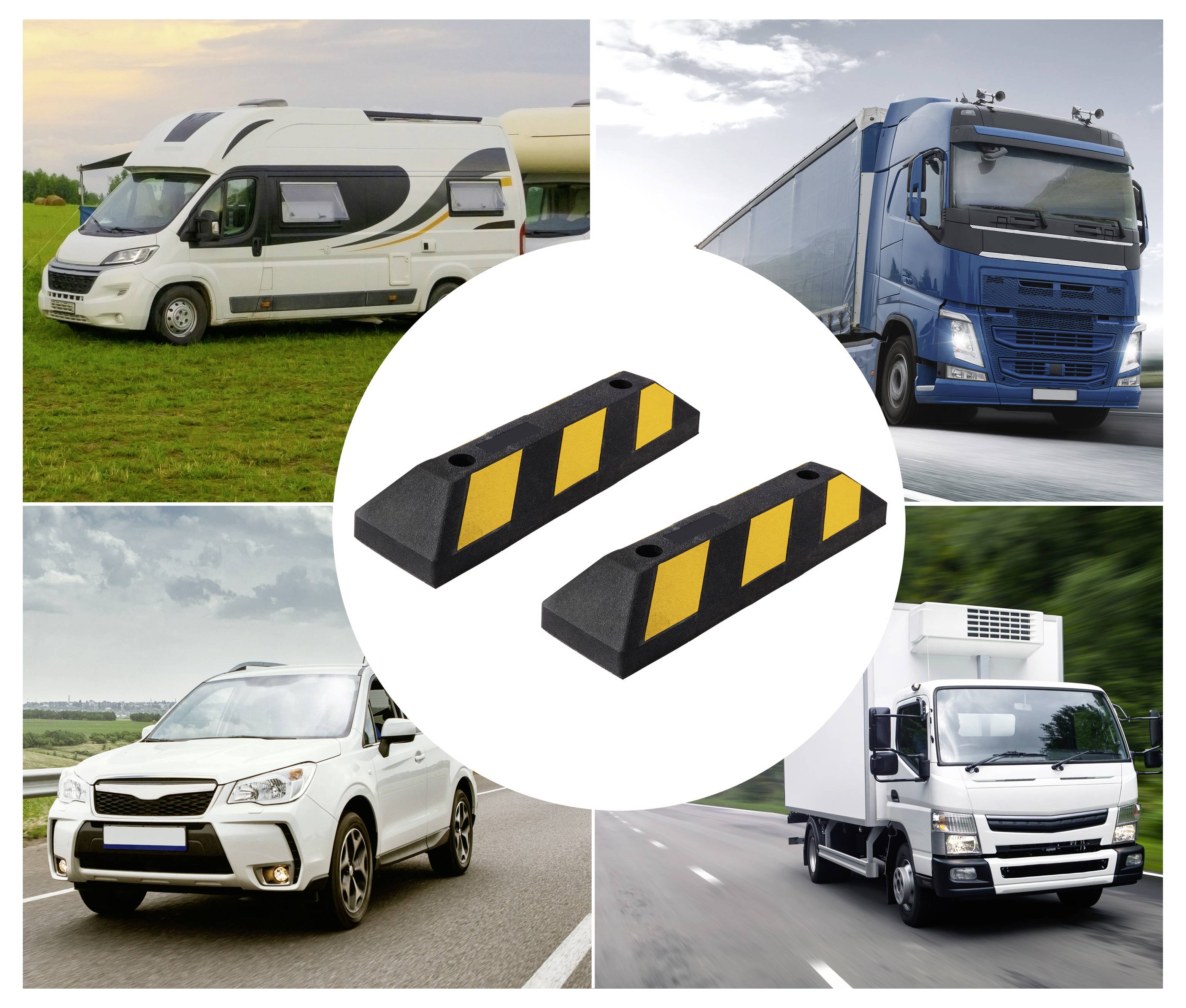 Collage von Lastkraftwagen, Lieferwagen und einem Wohnmobil, die zwei schwarzgelbe Gummiradbegrenzungen umgeben und Parkierungssperren zur Fahrzeugkontrolle zeigen.