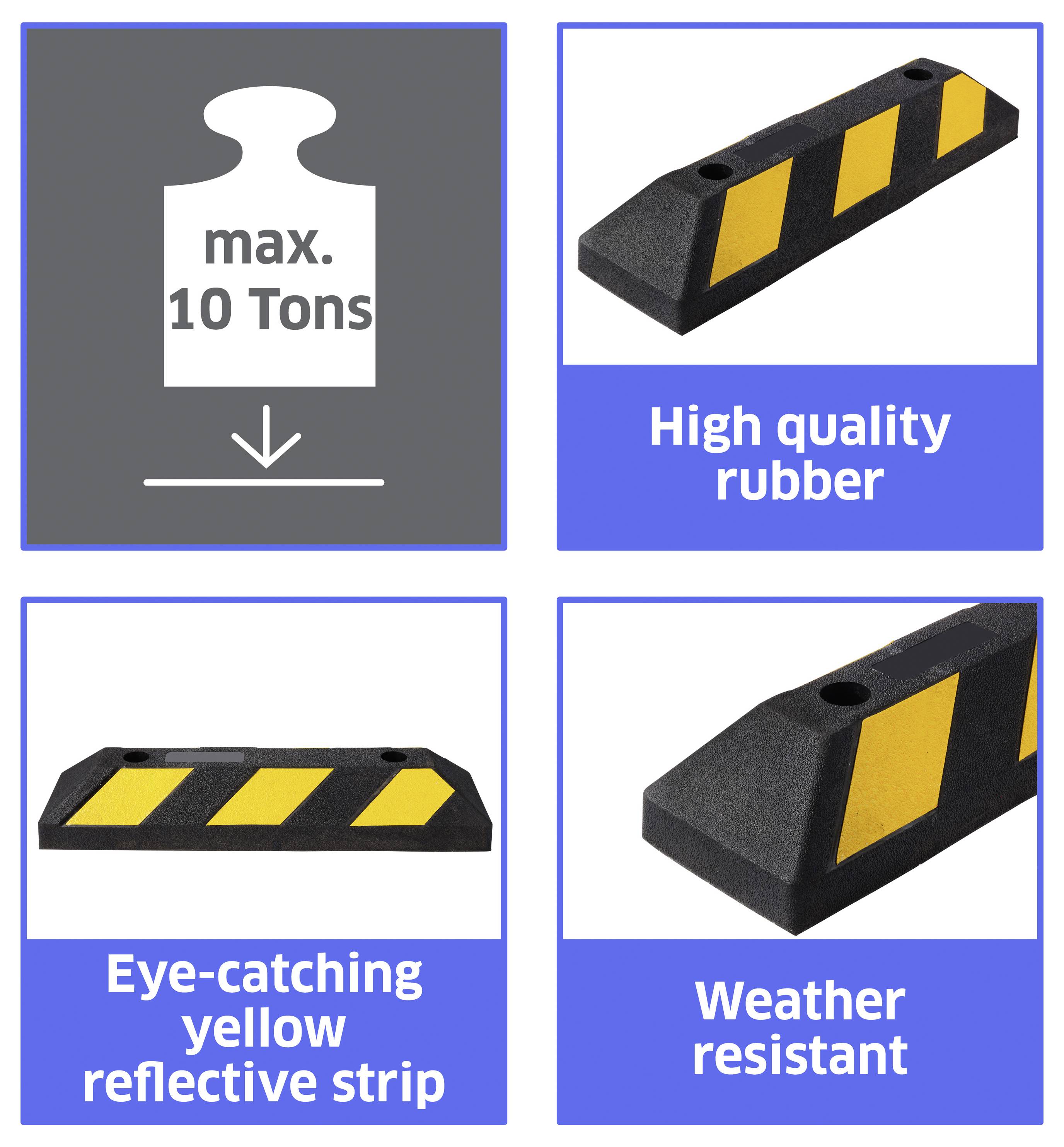 Produktgrafik für einen Radkeil: maximale Tragfähigkeit 10 Tonnen, hochwertiger Gummi, gelber Reflexstreifen und wetterfest.