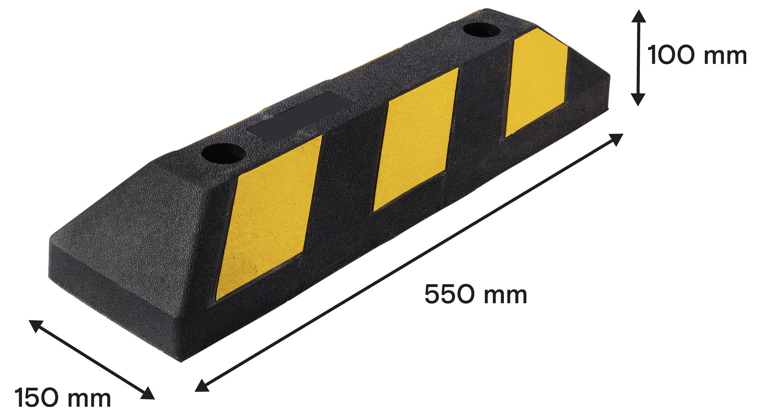 Schwarz-gelber Straßenverkehrsbremser in Perspektive dargestellt mit gekennzeichneten Abmessungen von 550 mm Länge, 150 mm Breite und 100 mm Höhe.