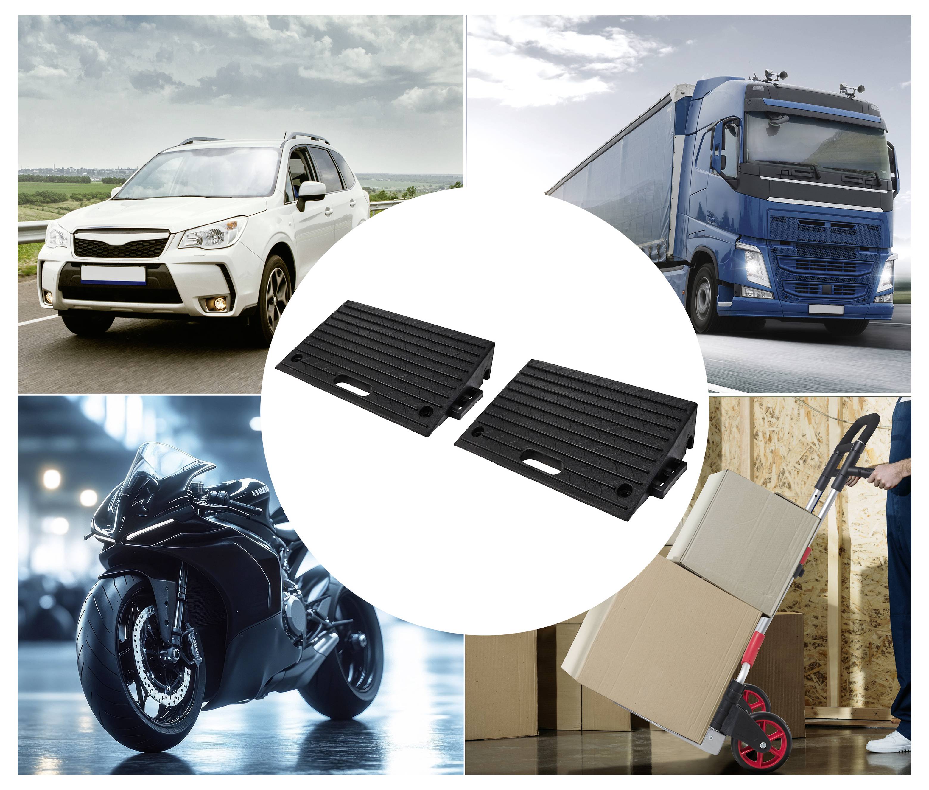 Zwei schwarze klappbare Handwagen-Laderampen, die als Produkt gezeigt werden, mit Fahrzeugen, einem Motorrad und einem Umzugshelfer, die die Verwendung zum Transport und Laden veranschaulichen.