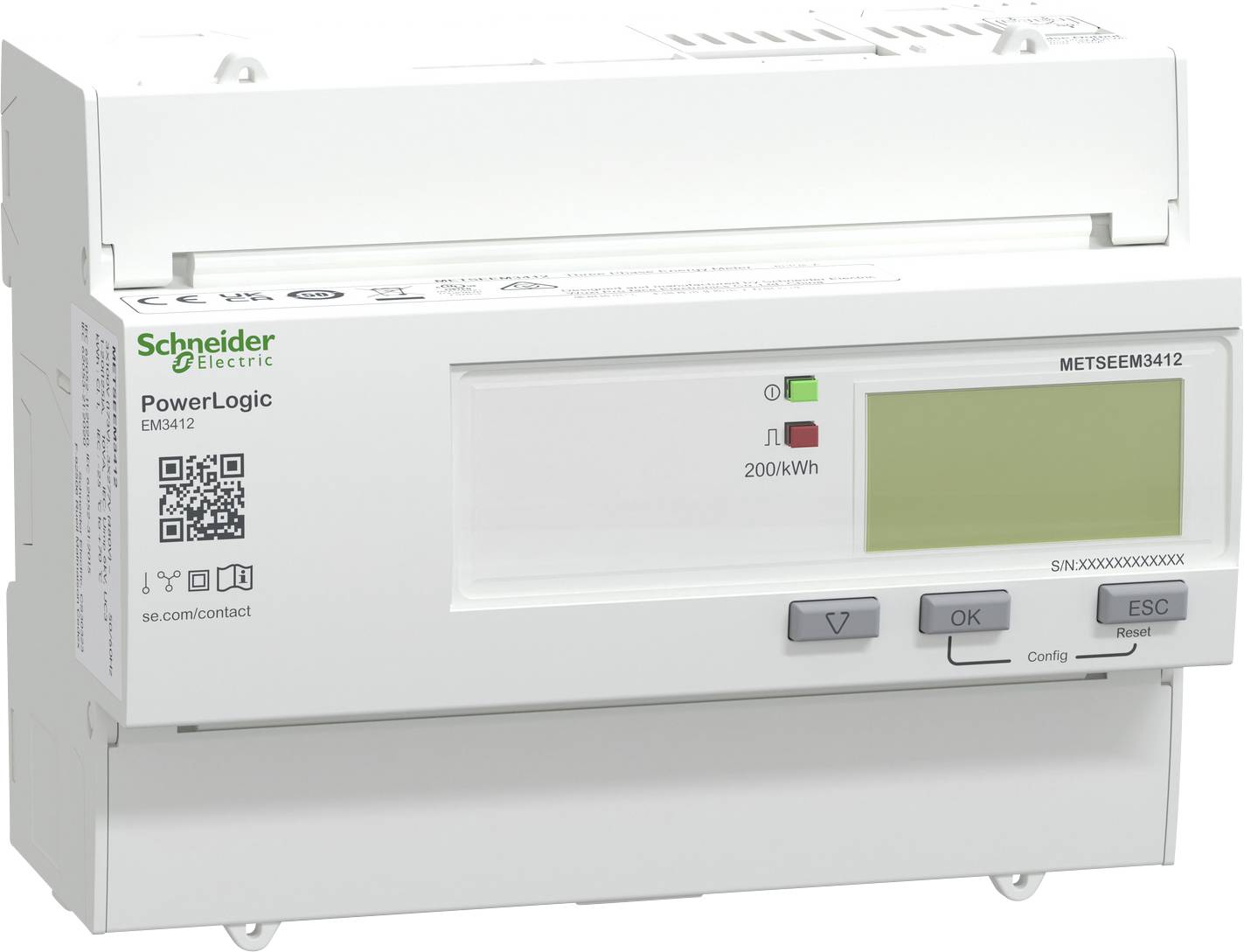 Ein digitales Stromzähler von Schneider Electric, das den Energieverbrauch in Kilowattstunden anzeigt. Enthält Tasten zur Konfiguration und einen QR-Code.