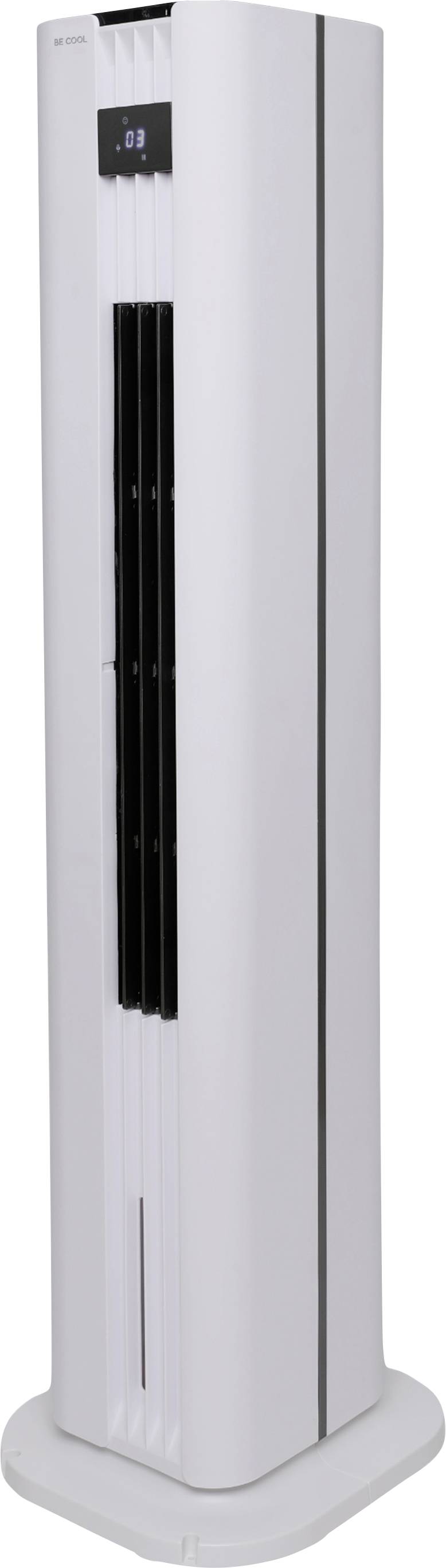 Ein großer, weißer Turmventilator mit einem digitalen Display oben, ausgestattet mit vertikalen schwarzen Lüftungsschlitzen für die Luftzirkulation. Geeignet für die Kühlung von Räumen.