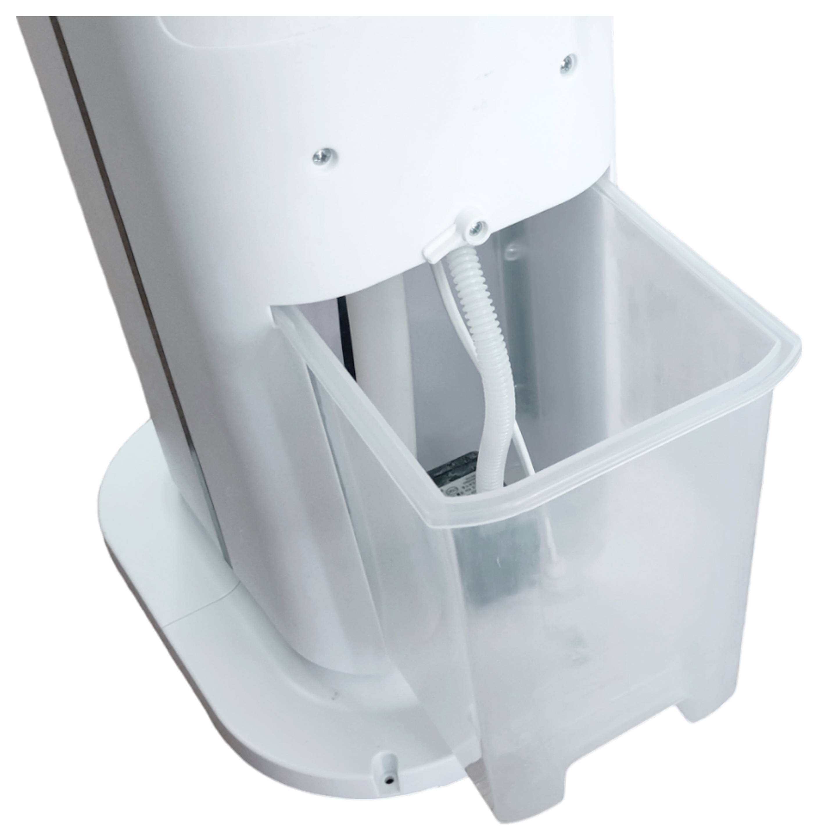 Das Bild zeigt den unteren Teil einer automatisierten Wischreinigungsmaschine mit einem kleinen, durchsichtigen Wasserreservoir, das angebracht ist.