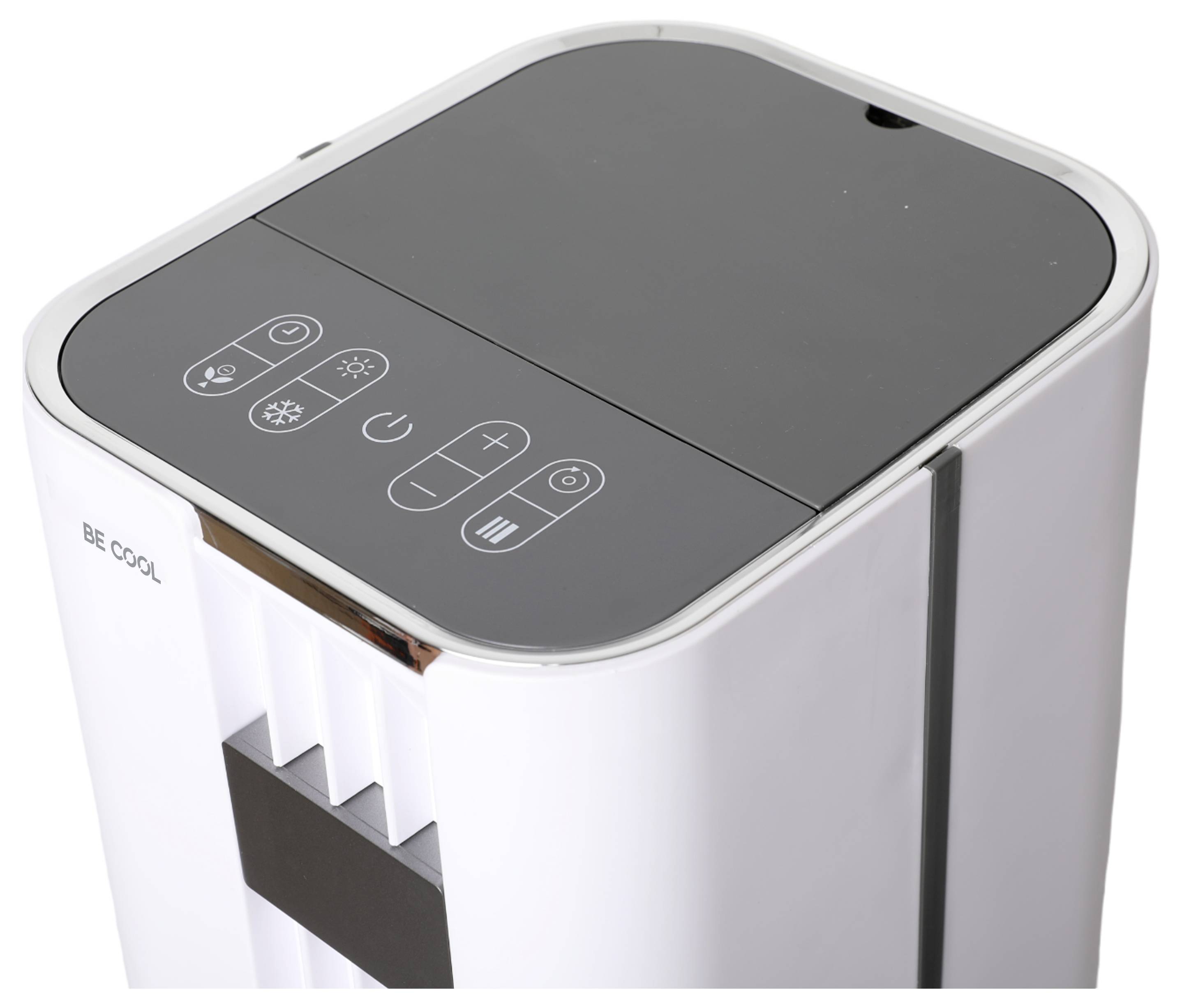Ein tragbares Klimagerät in Weiß mit schwarzem Bedienfeld oben, auf dem sich Touchelemente für Ein-/Ausschalter, Kühlmodi, Temperaturregelung und Lüftergeschwindigkeit befinden.