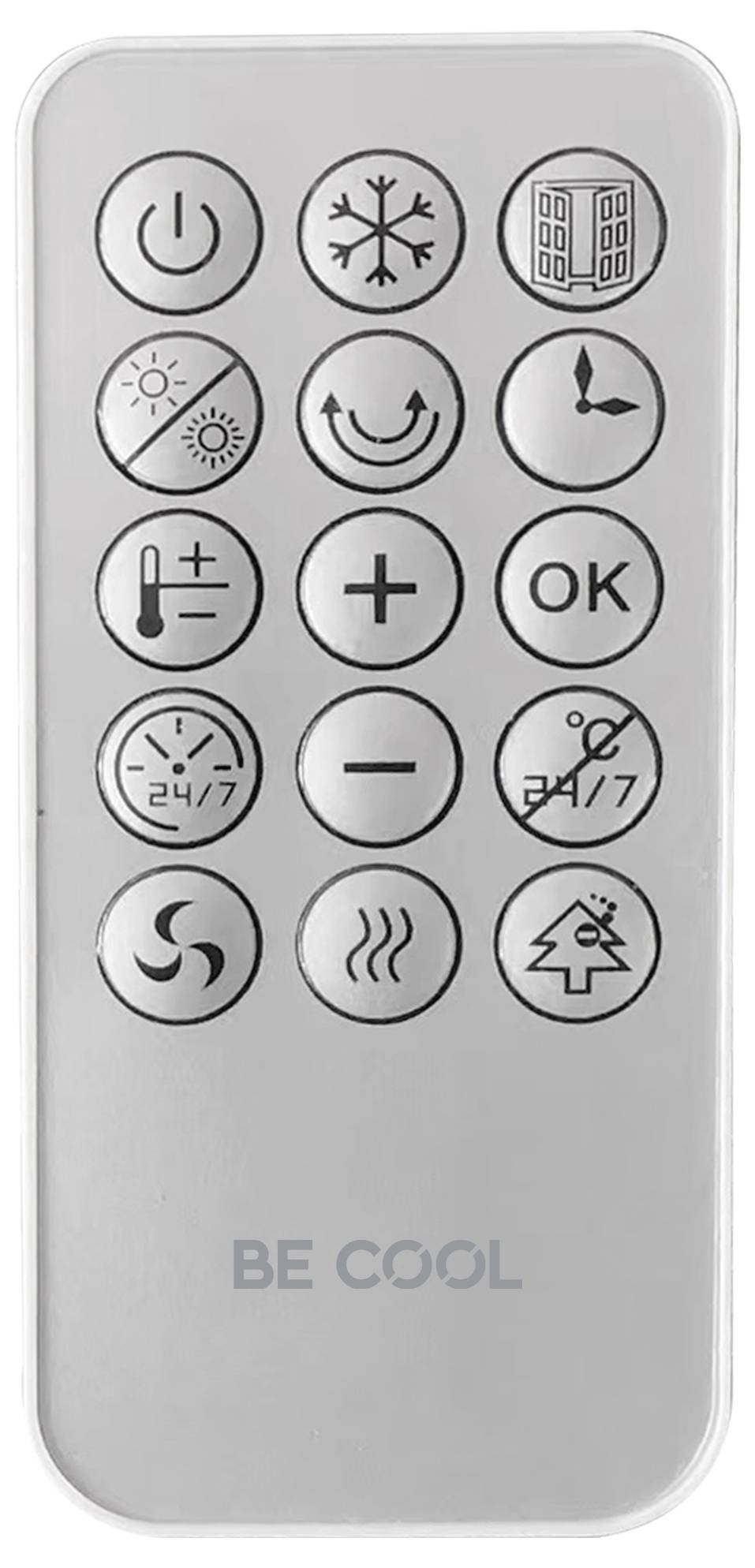 Eine Fernbedienung mit Tasten für Stromversorgung, Temperatureinstellung, Lüftergeschwindigkeit, Timer, Heizung, Kühlung und Einstellungen für verschiedene Modi.