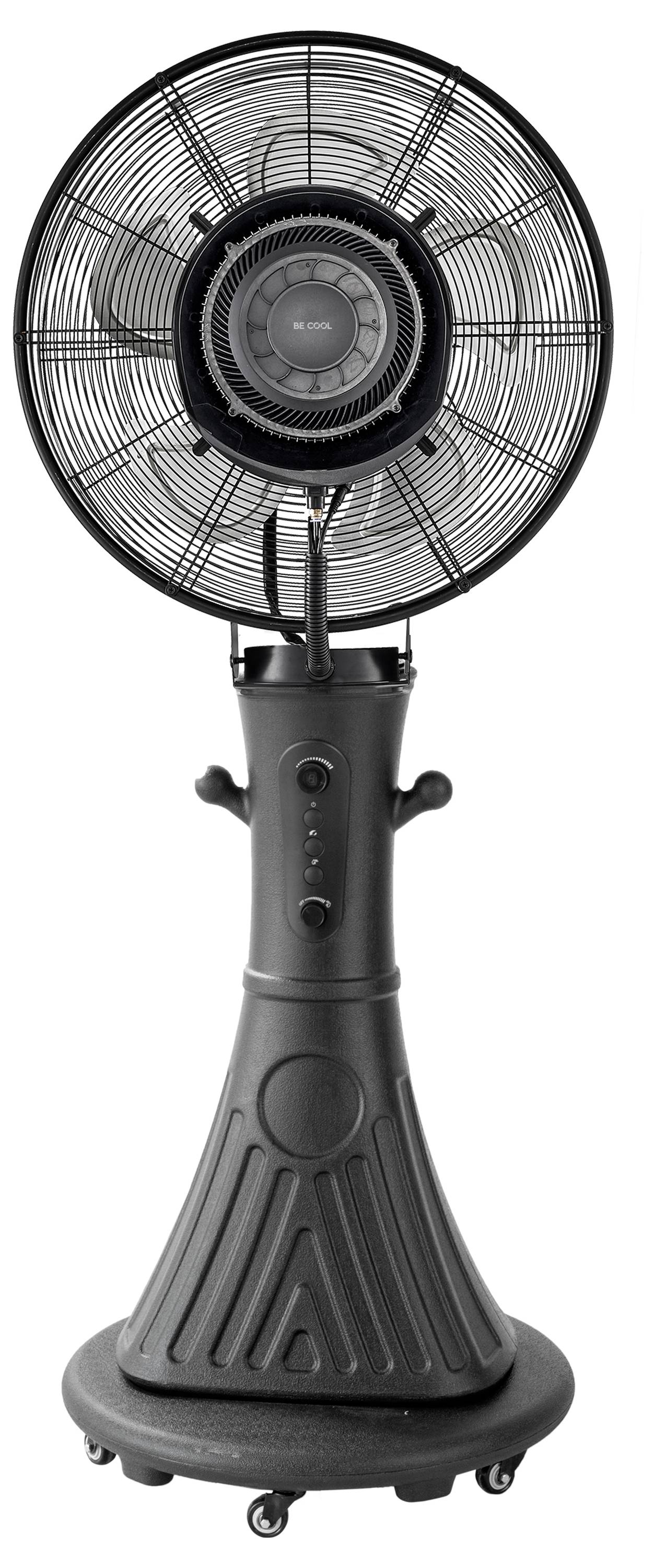 Ein schwarzer Standventilator mit einem kreisförmigen Schutzgitter und Bedienungstasten auf dem Sockel, mit kleinen Rädern zur Mobilität ausgestattet.