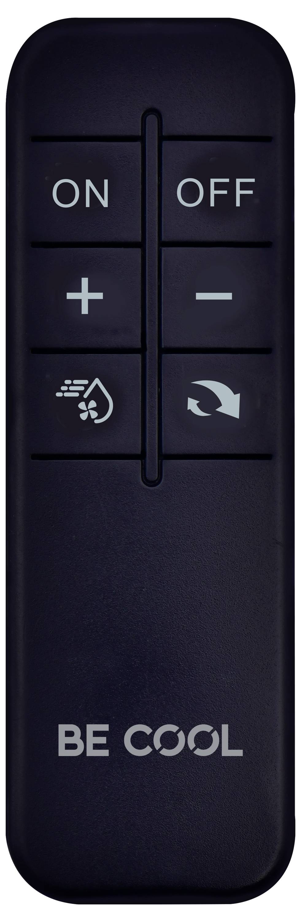 Eine schwarze Fernbedienung mit Tasten, die mit „ON