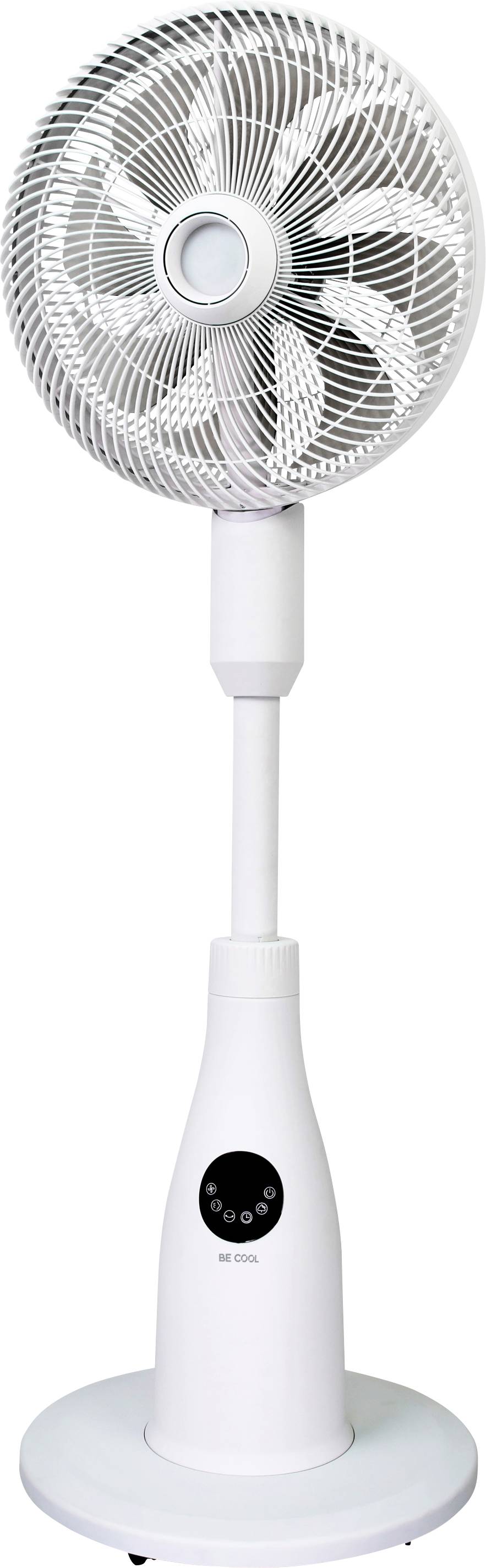 Weißer oszillierender Standventilator mit verstellbarer Höhe und digitaler Bedienplatte auf dem Sockel.