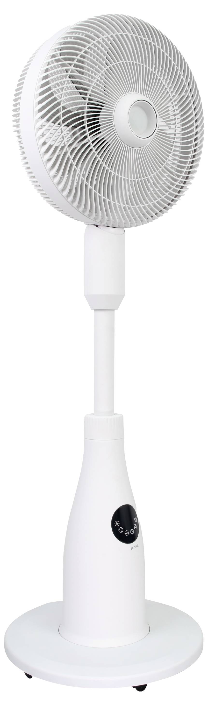 Ein weißer Standventilator mit kreisförmigem Schutzgitter und verstellbarer Höheneinstellung. Der Ventilator verfügt über ein Bedienfeld auf dem Standfuß.