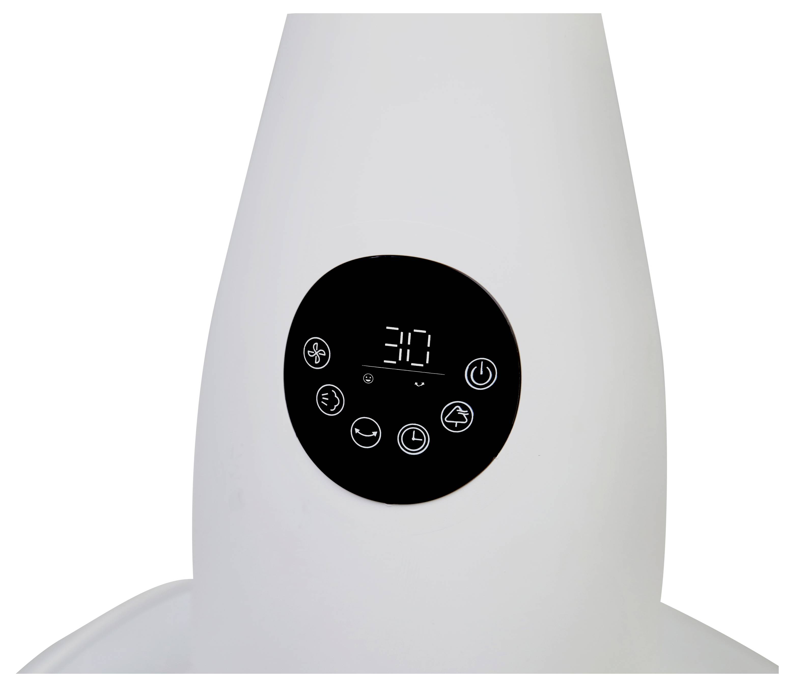 Weiße Geräte mit einem schwarzen kreisförmigen Anzeigefeld, das '3.0' anzeigt, und Steuersymbolen für Lüfter, Timer und andere Einstellungen.