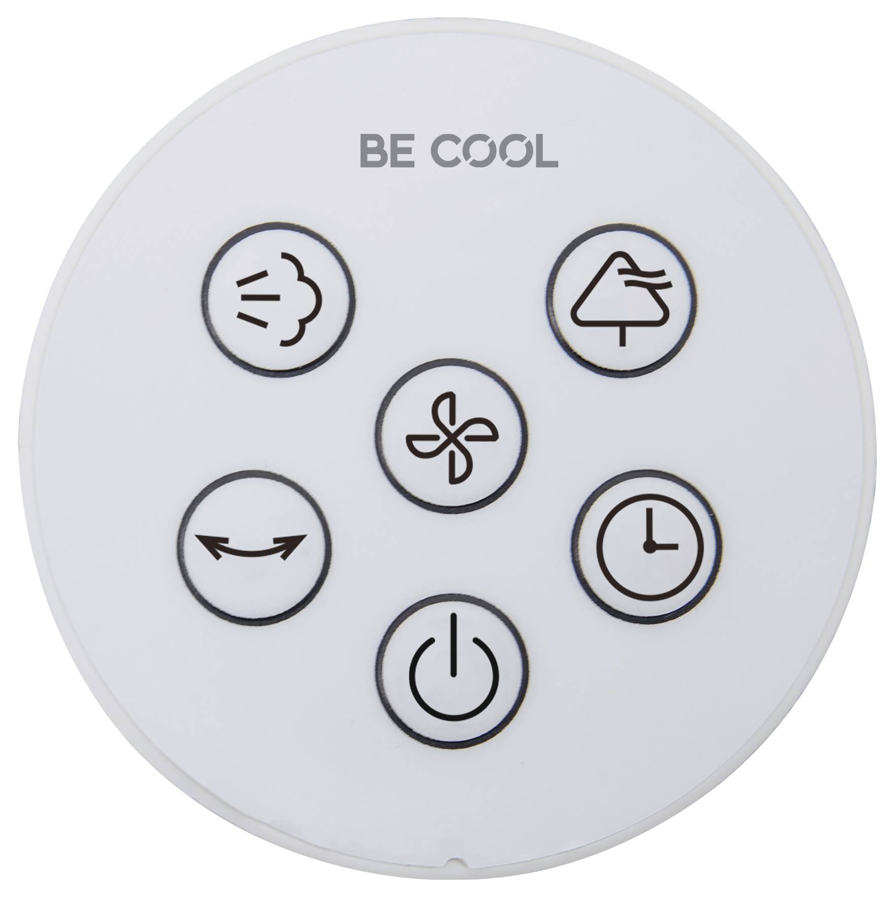 Rundes Bedienfeld mit sechs Symbolen: Wind, Baum, Lüfter, Lächeln, Stromschalter und Uhr. Mit 