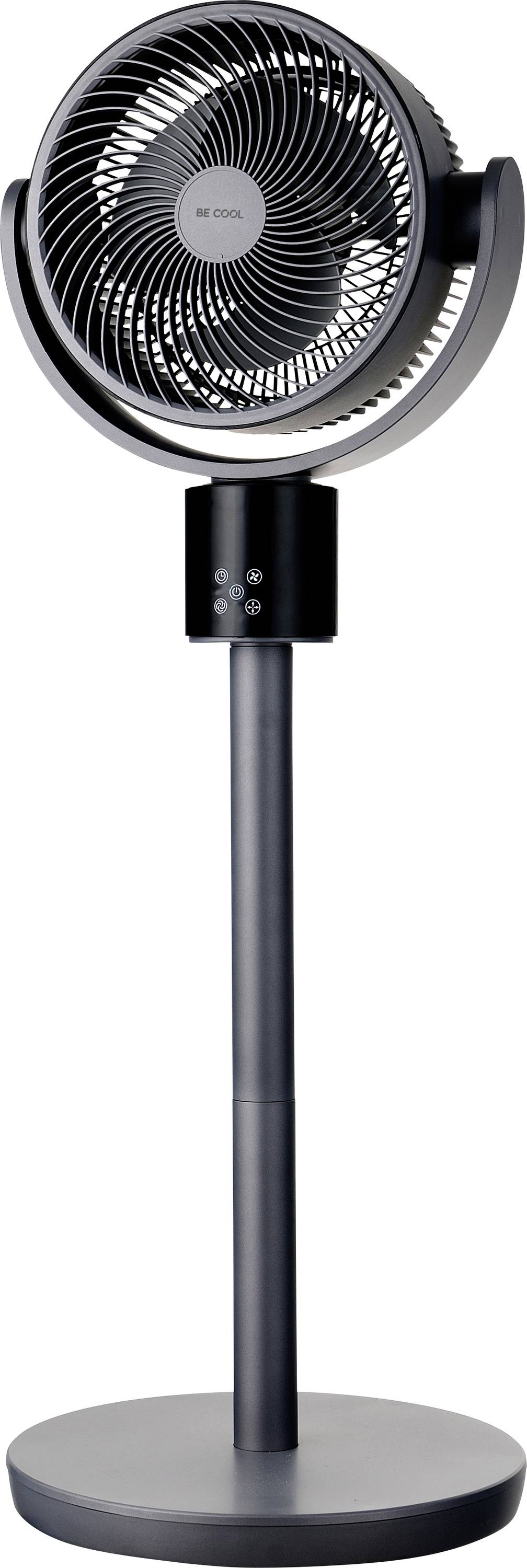 Ein schwarzer oszillierender Standfächter mit einer kreisförmigen Basis, Bedienfeld auf dem Ständer und einem großen kreisförmigen Gitter, das die Ventilatorblätter abdeckt.