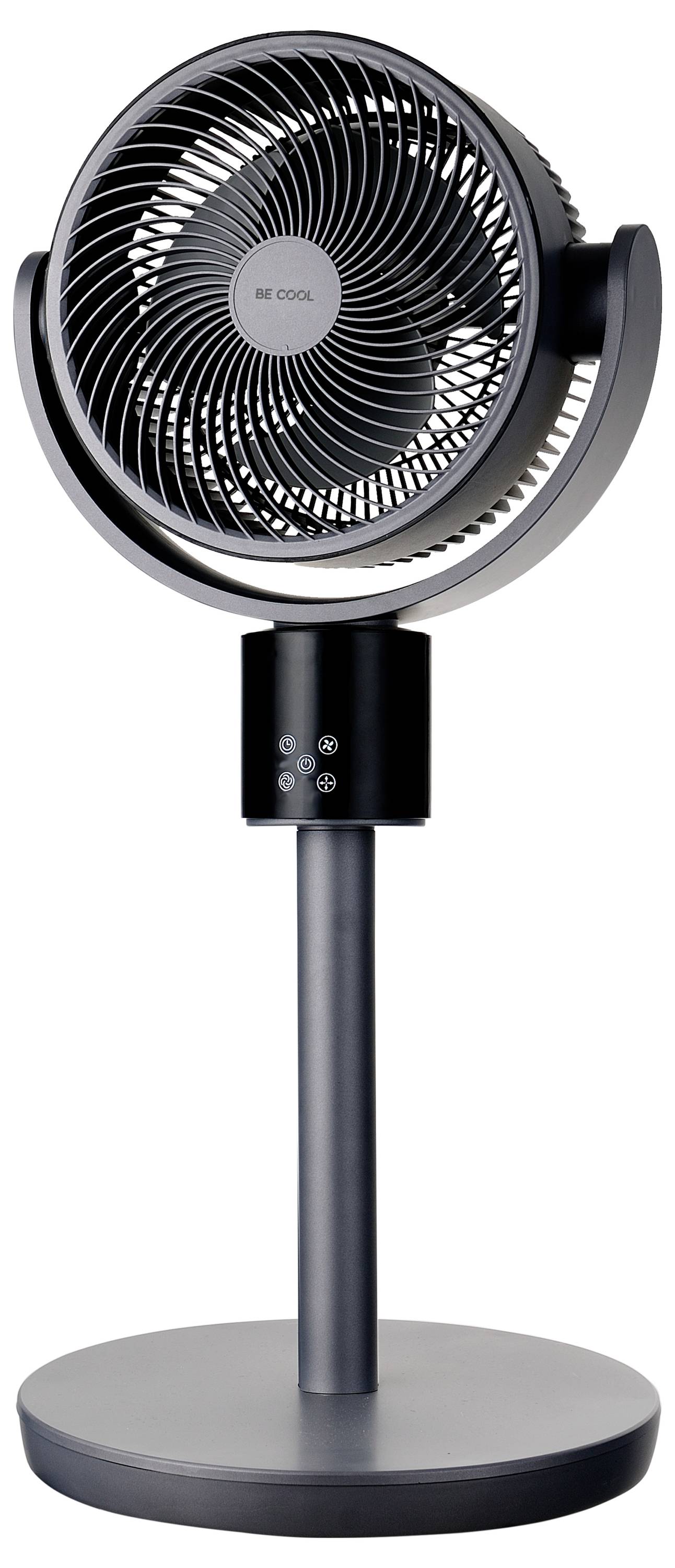 Ein moderner schwarzer Standventilator mit einem runden Schaufelgehäuse auf rundem Sockel. Der Ventilator hat einen vertikalen Ständer und Touchschalter auf der Vorderseite.