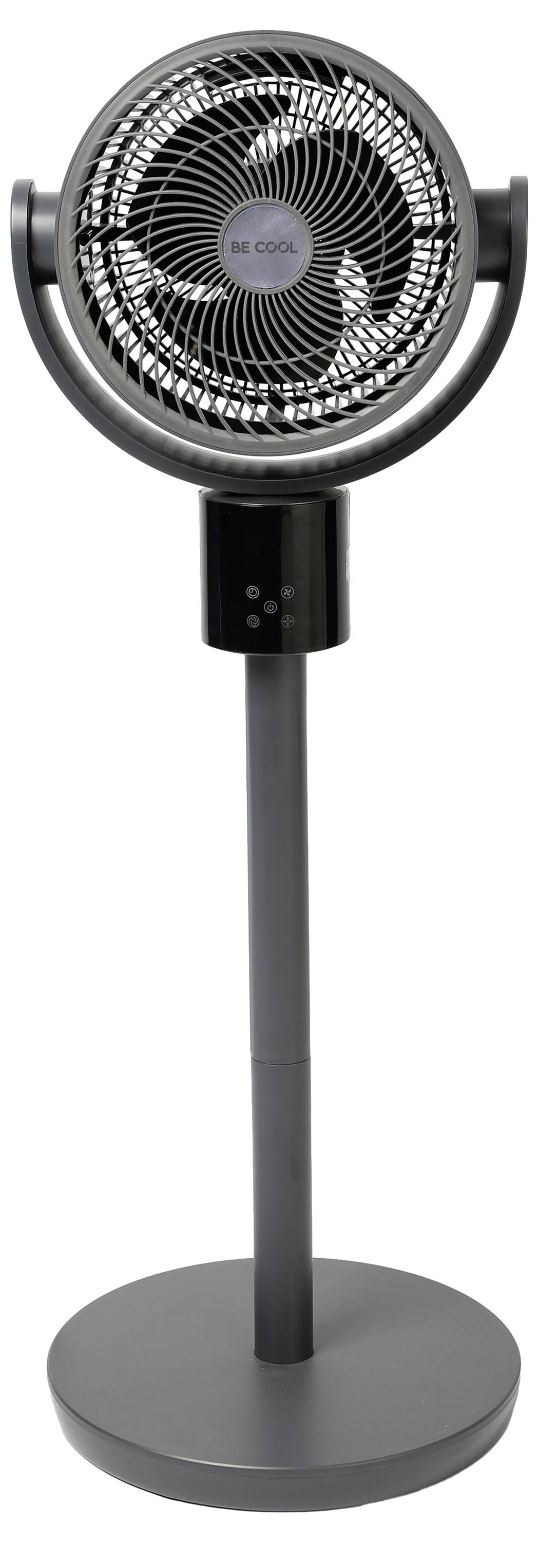 Ein moderner Ventilator ohne Flügel mit kreisförmiger Auslegung und Touchbedienfeld, das Symbole für Stromversorgung, Oszillation und Geschwindigkeitseinstellungen aufweist.