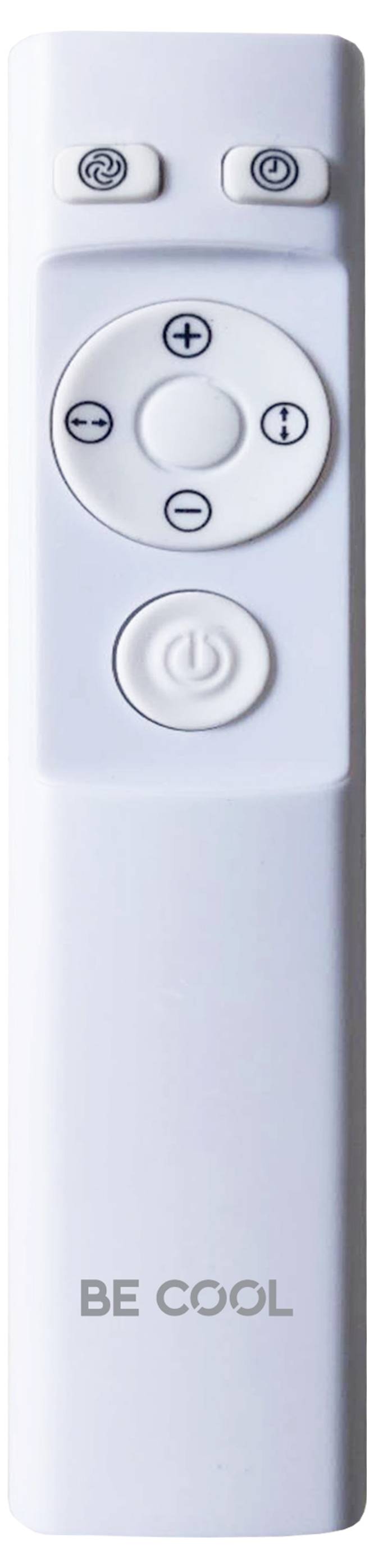 Eine weiße Fernbedienung mit der Aufschrift „BE COOL