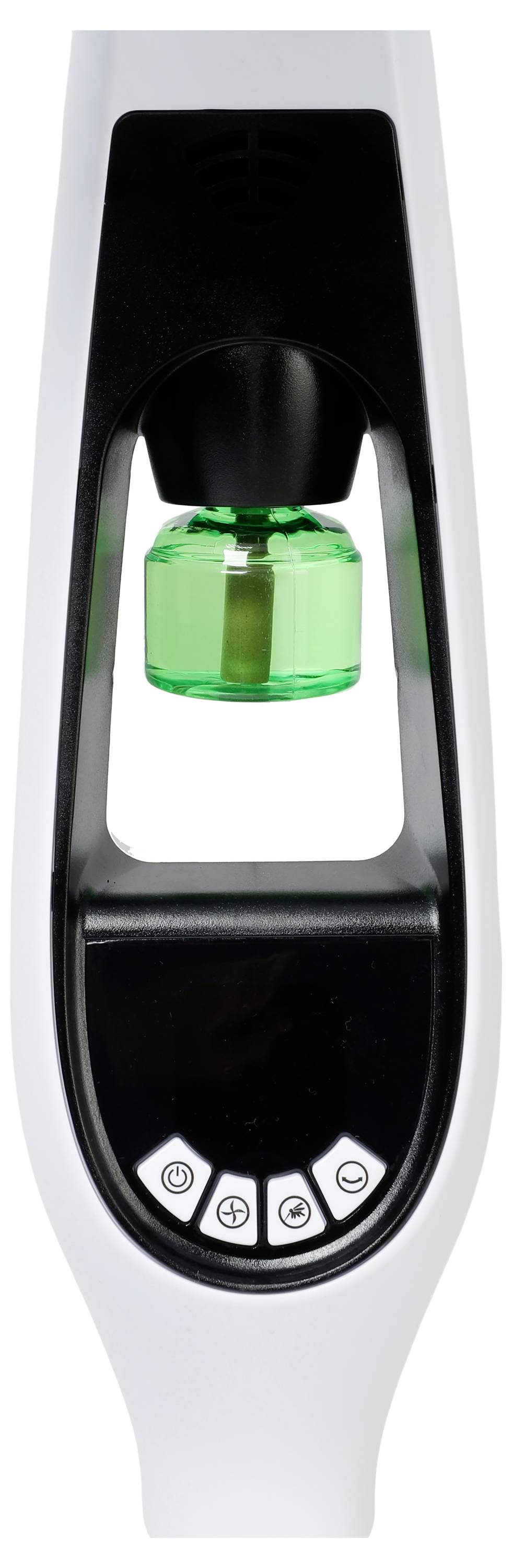 Ein weiß-schwarzes Gerät mit einer grünen Komponente, wahrscheinlich ein Sensor oder Messinstrument, mit fünf beschrifteten Tasten an der Basis.