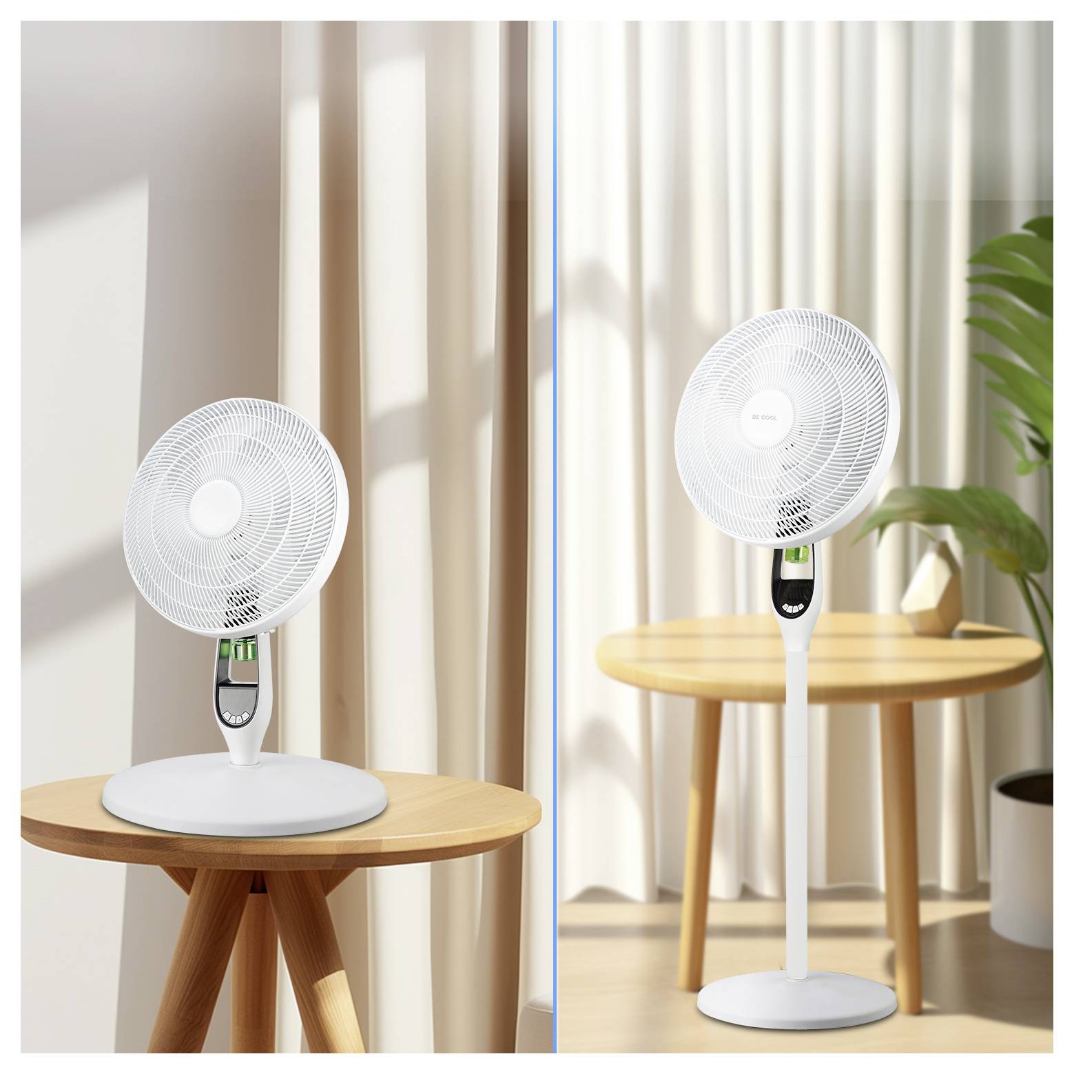 Ein weißer oszillierender Ventilator auf einem runden Holztisch neben einer großen Pflanze, mit Sonnenlicht, das durch beige Vorhänge im Hintergrund strömt.