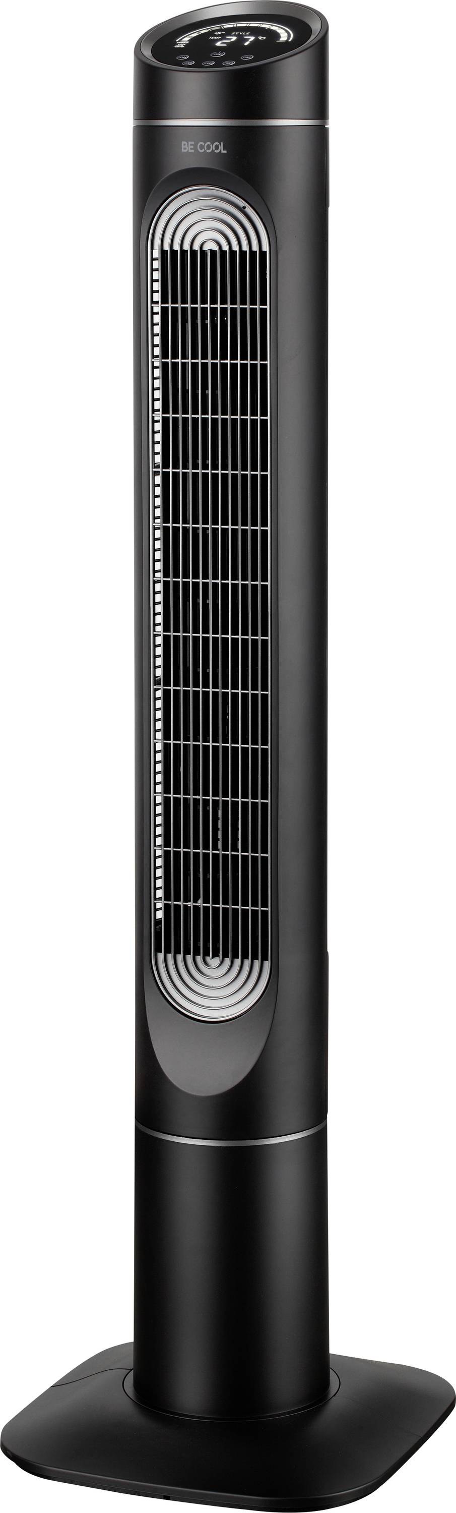 Ein großer, eleganter schwarzer Turmventilator mit einem kreisförmigen Bedienfeld oben, der auf einer quadratischen Basis steht.