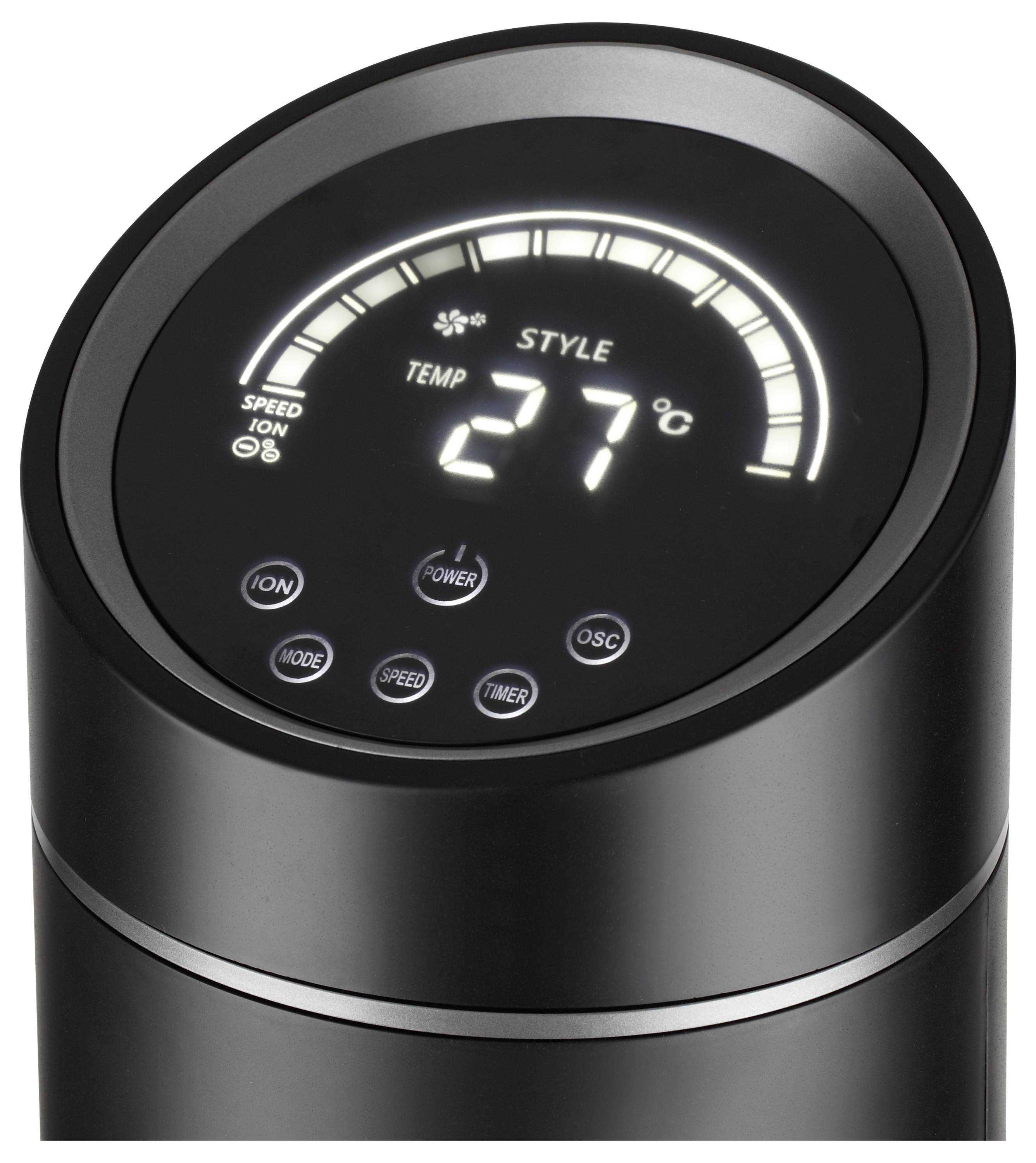 Digitales Bedienfeld eines modernen Geräts mit Temperaturanzeige '27°C', Geschwindigkeit und Stromeinstellungen. Kreisförmiges Design mit Schaltflächen zur Einstellung.