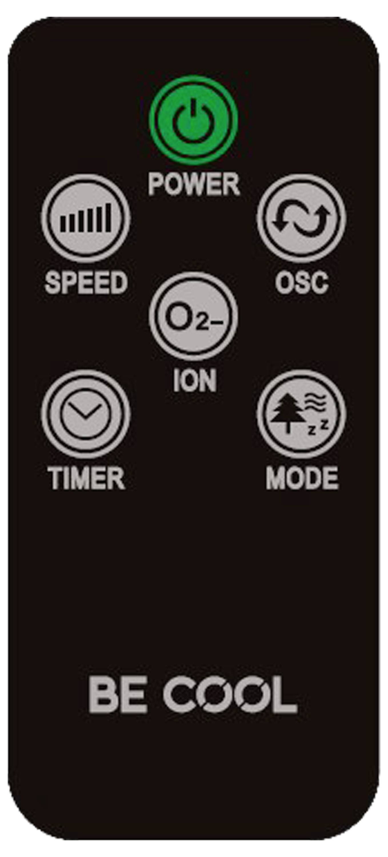 Eine rechteckige schwarze Fernbedienung mit Tasten für „Power