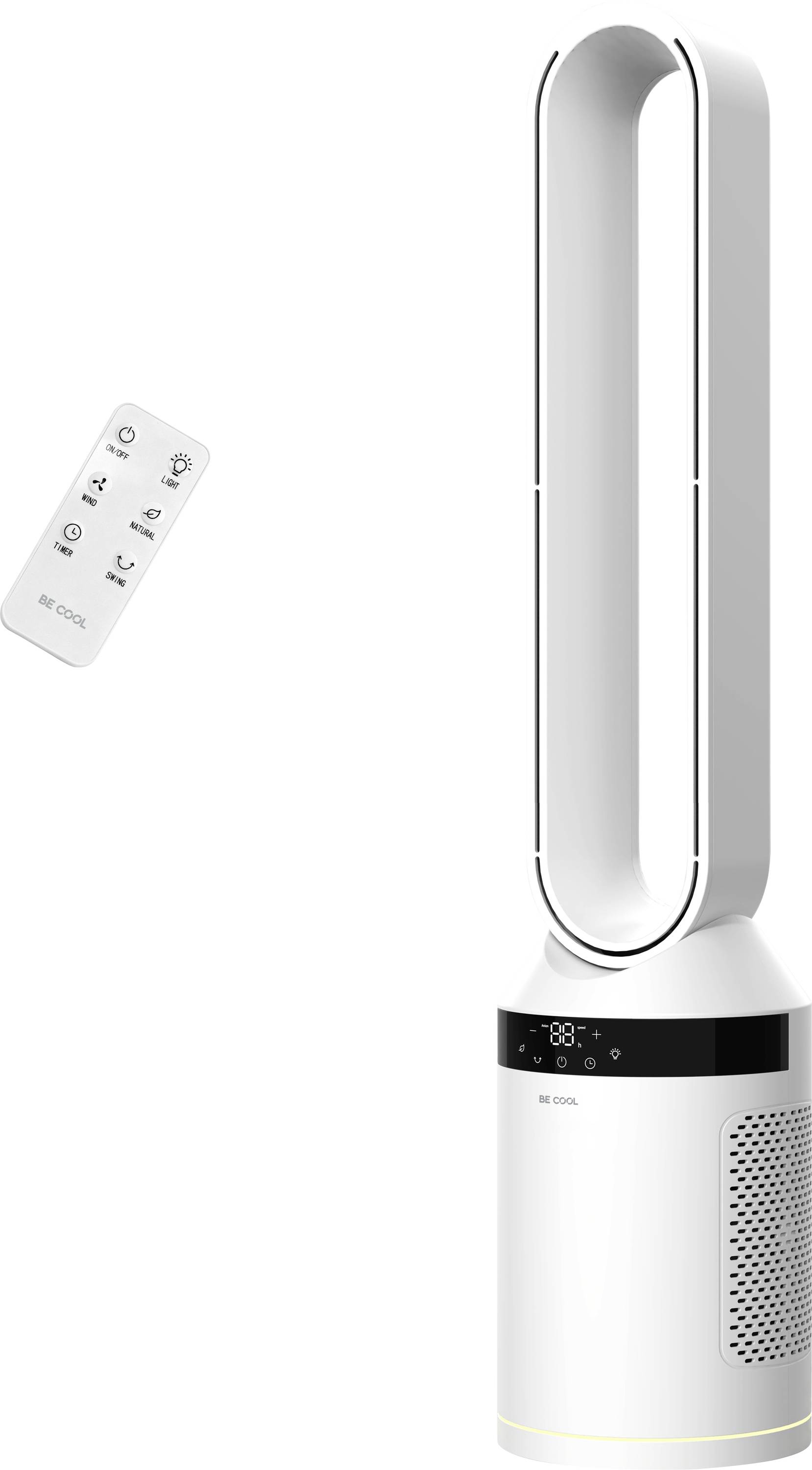 Ein weißer, blattloser Turmventilator mit digitaler Anzeige und Fernbedienung.