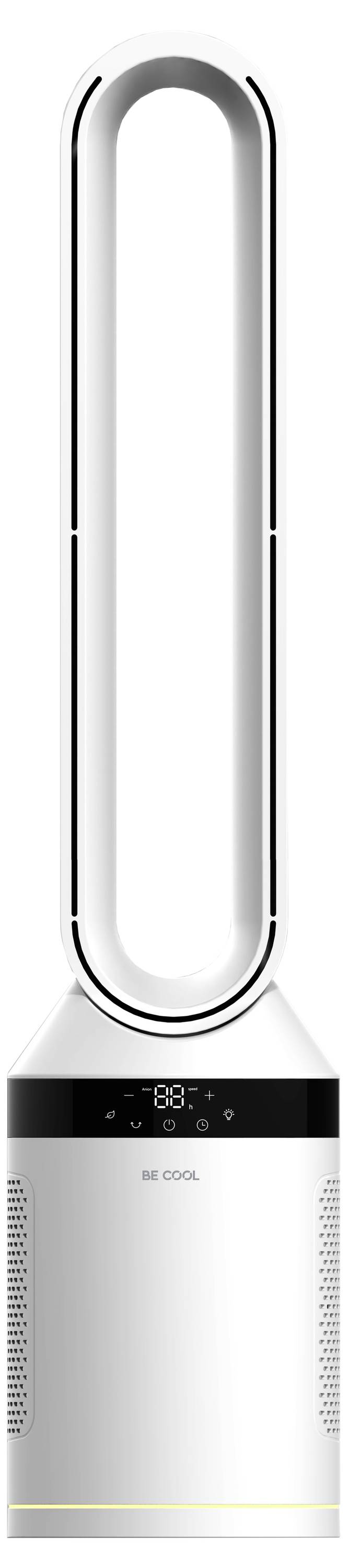 Ein eleganter, moderner flügelloser Turmventilator mit ovalem Design, das auf seinem digitalen Bildschirm eine Temperaturanzeige anzeigt.